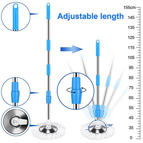 PULNDA Mop and Bucket with Wringer Set, Mop and Bucket on Wheels Floor Cleaning System with Spin Mop Head 61 Inch Refills Extended Stainless Steel Handle for Home Office Household Cleaning