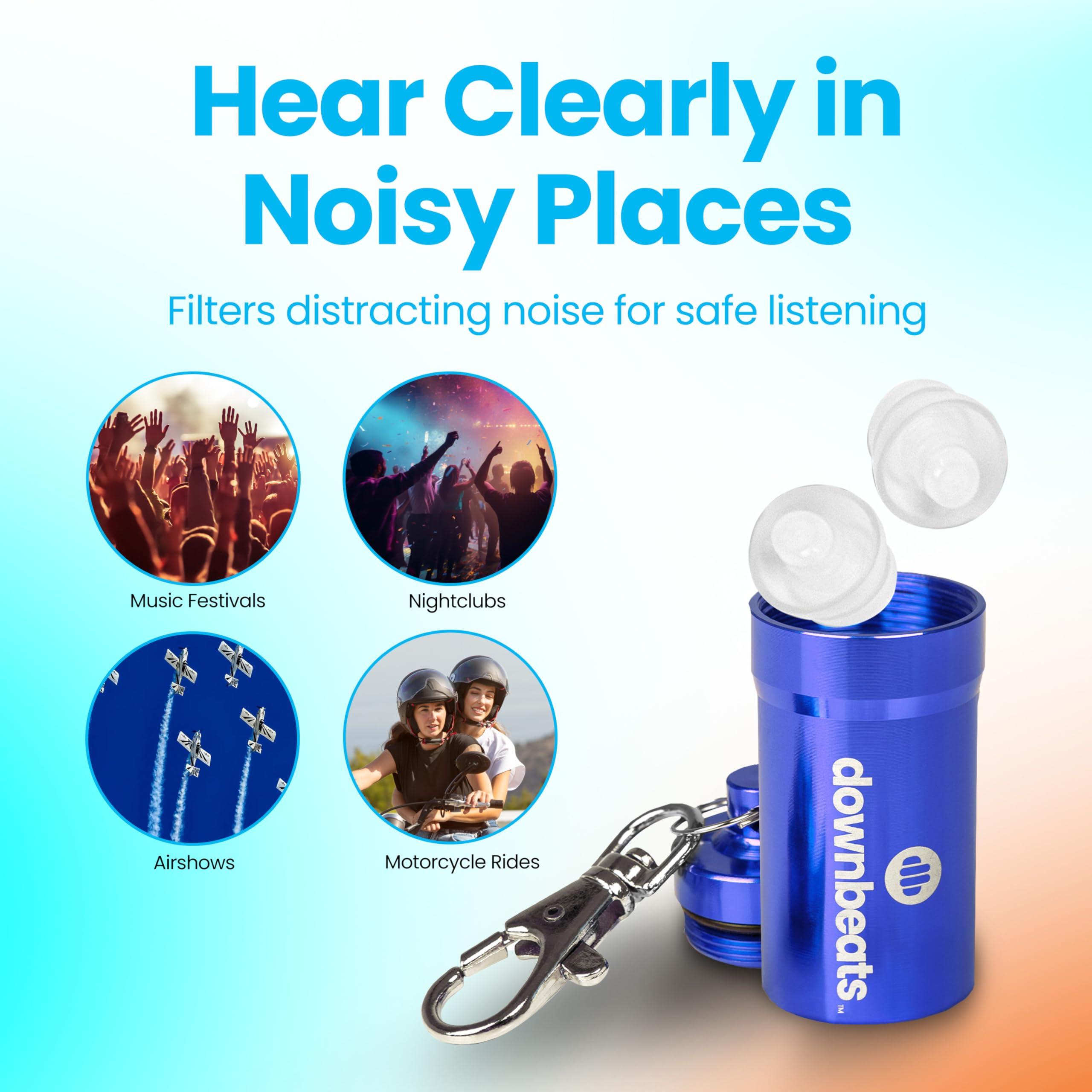 DownBeats High Fidelity Ear Plugs for Hearing Protection - Discreet, Clear Ear Plugs for Concerts, Festivals & Noisy Events - Up to 18dB Background Noise Reduction Reusable Ear Plugs - Comes with Aluminum Case