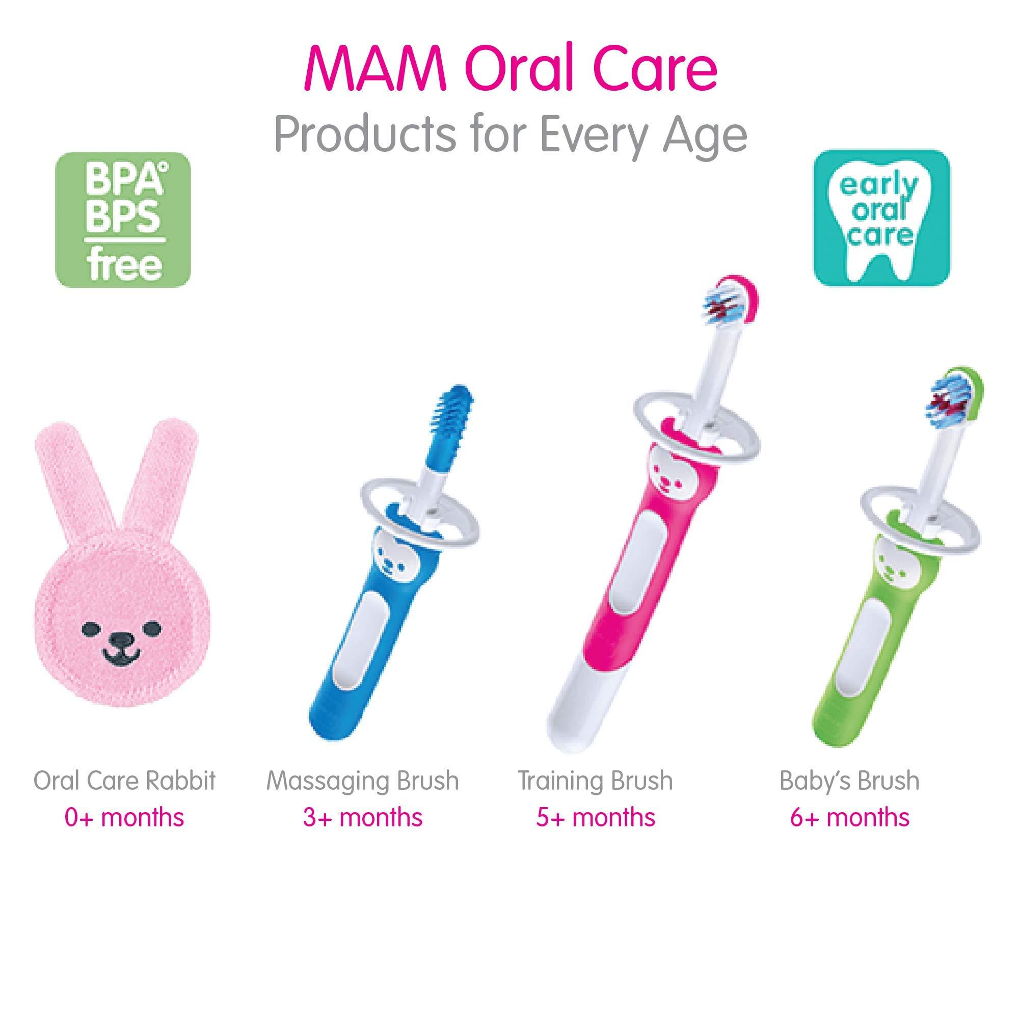MAM MAM Training Toothbrush for Babies (1 Baby\'s Brush with Safety Shield), Baby Toothbrush with Brushy The Bear Character, Interactive App, for Girls 5+ Months, Pink (Pack of 2)