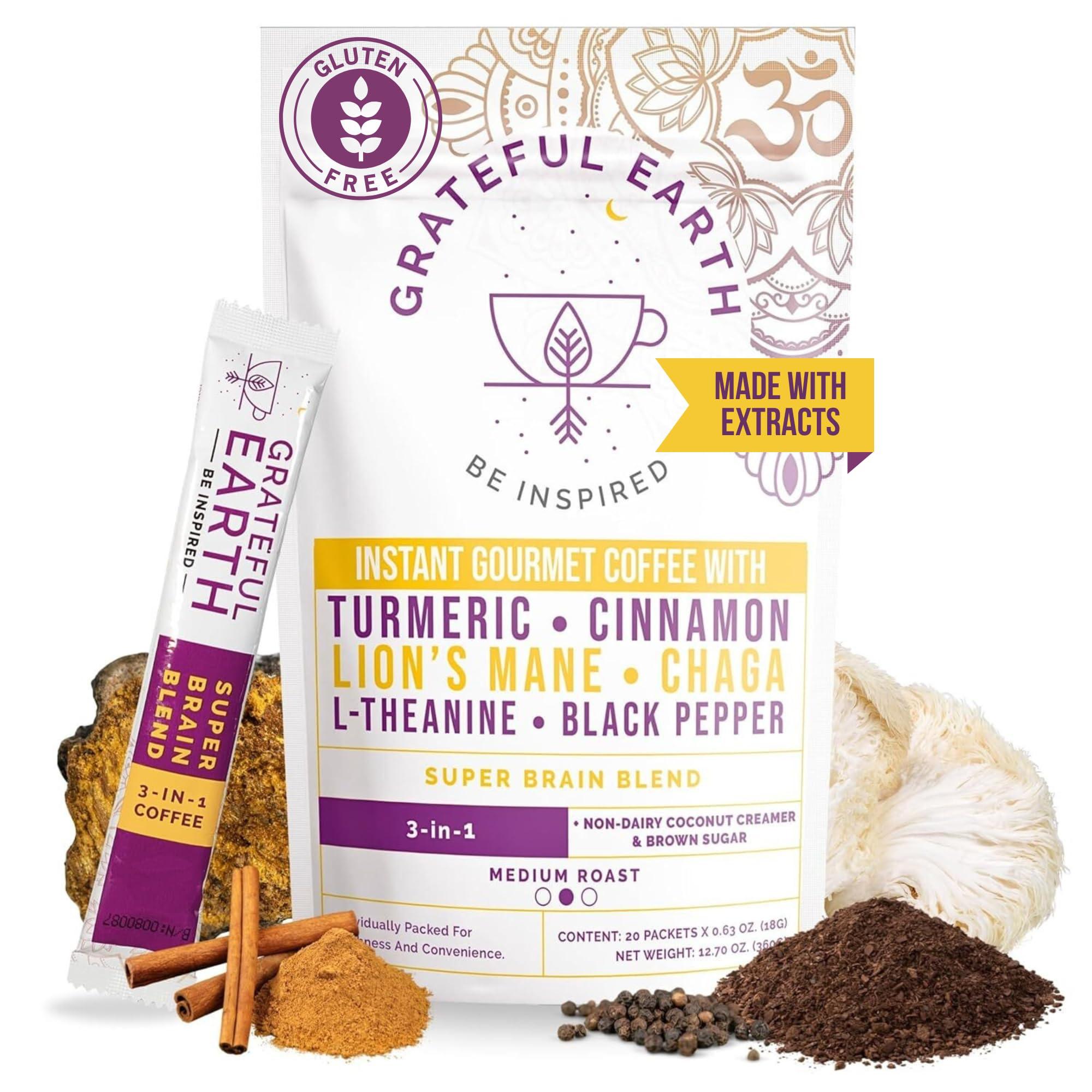 Grateful Earth Grateful Earth Mushroom Coffee, Coconut Instant Coffee with Cinnamon, Turmeric, Lions Mane Mushrooms, L-Theanine, Chaga, Super Brain Blend For Energy & Immune Support, Dairy & Gluten Free, 20 Packets