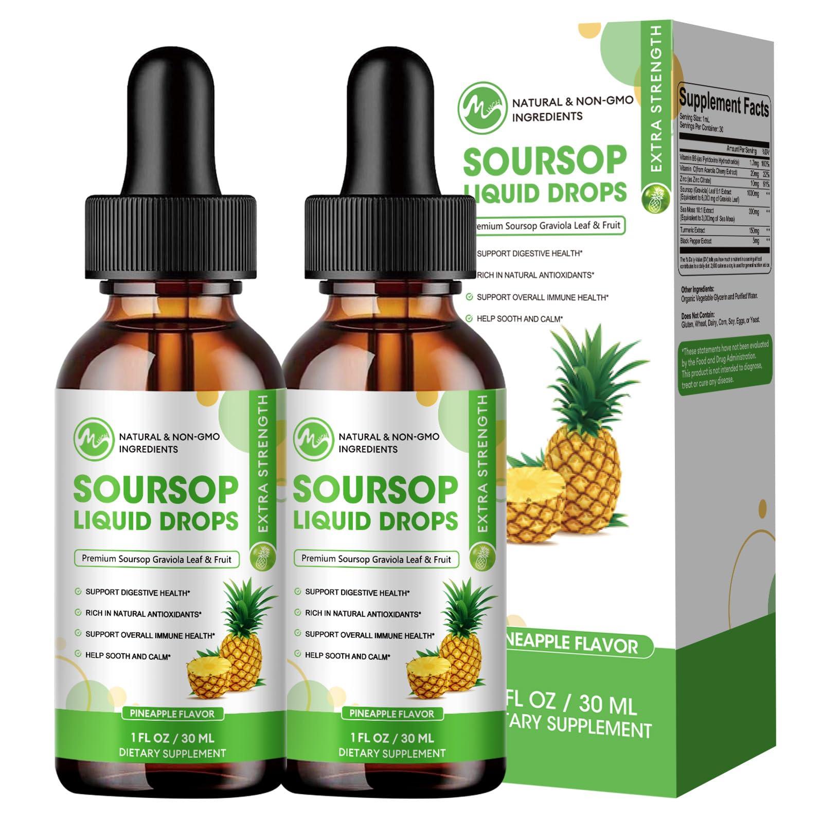 M inch Soursop Bitters Liquid, Sugar Free Graviola Liquid Drops Extract from Organic Soursop Leaves and Fruits for Cell Support, Regeneration, Antioxidant, Immune Boost, Pineapple Flavor, 2 Fl Oz