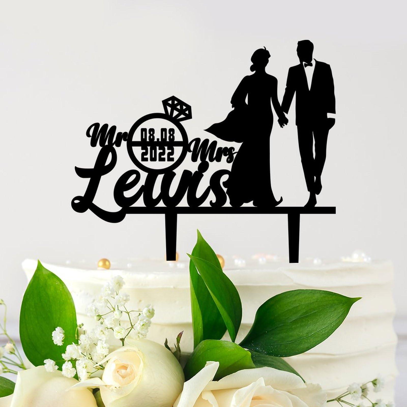 UanMere Personalized Wedding Cake Topper, Acrylic Cake Toppers, Bride And Groom Customized Last Name And Date Mr Mrs, Rustic Cake Toppers for Cake Bridal Shower