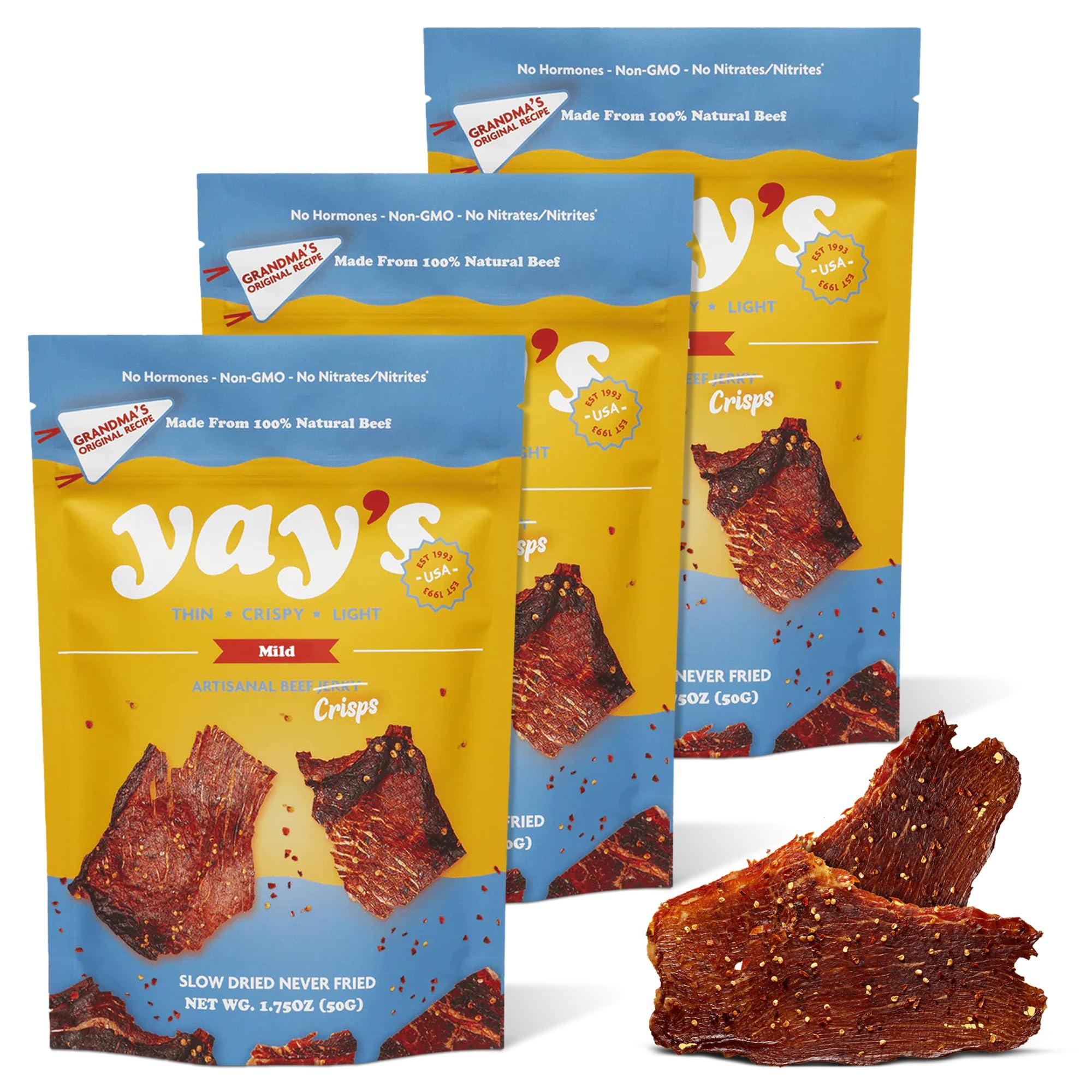 Yay\'s Yay\'s Snacks Sweet and Spicy Beef Crisps | Crispy, Crunchy, High Protein Snacks | Mild Beef Jerky with 24G Protein Snacks Per Bag | Healthy Meat Snacks Non-GMO, USA Made - 3 Packs (1.75 Oz Each)