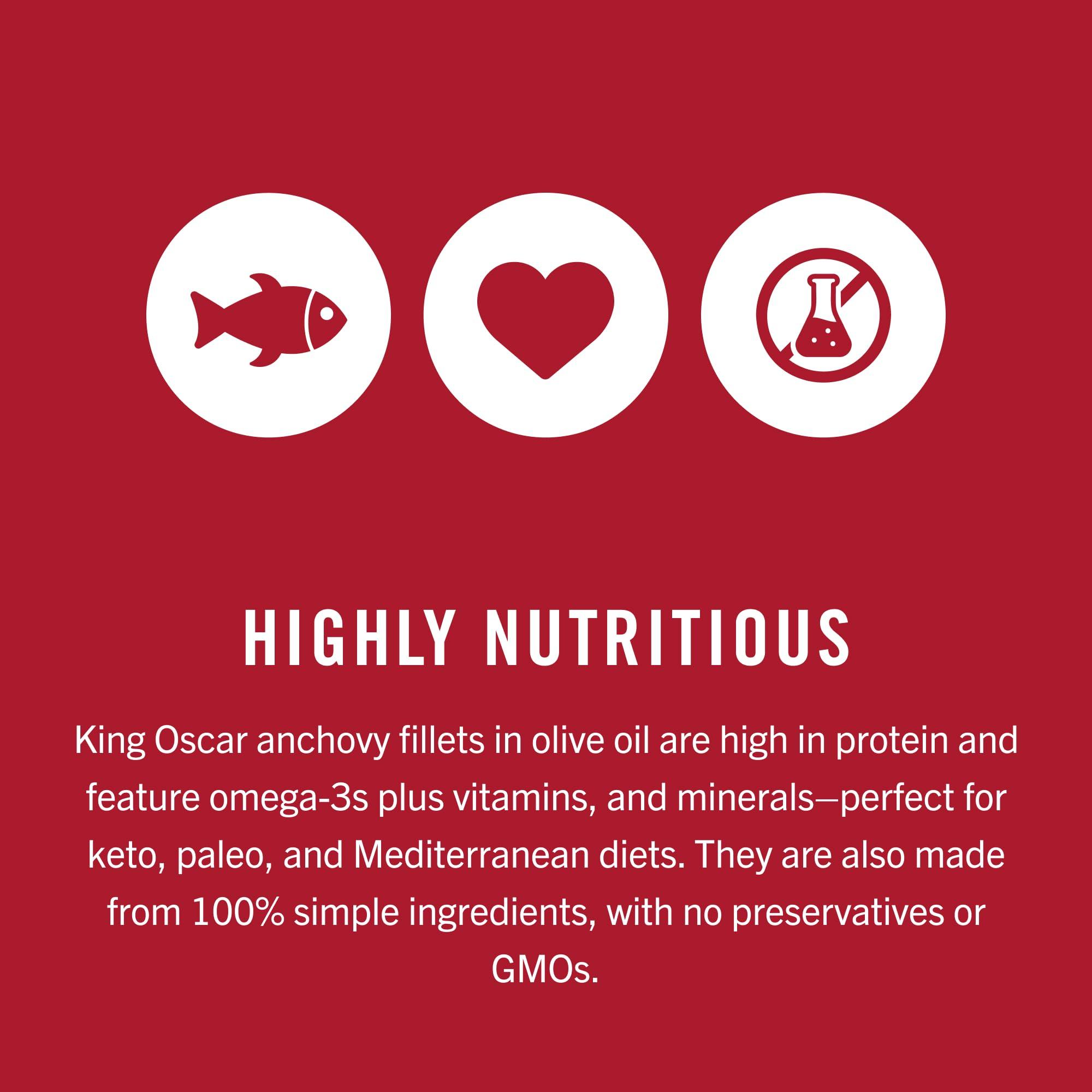 King Oscar King Oscar Anchovies Fillets in Olive Oil, 2 Ounce Can (Pack of 1), Wild Caught Canned Anchovies