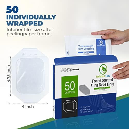 Sanitized Care Premium Transparent Film Dressing, 4\" x 4.75\" Pack of 50 Waterproof Wound Bandage for Post Surgical Shower or IV Shield, Clear Tattoo Aftercare Bandage & Adhesive Patches