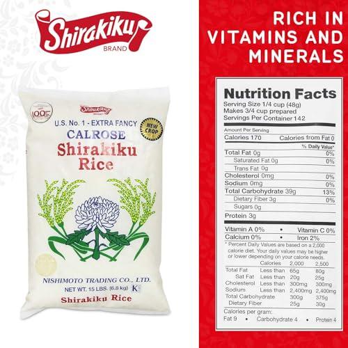 SHIRAKIKU BRAND SHIRAKIKU Calrose Rice Medium Grain White Rice - Japanese Premium quality uncooked Milled Rice | Low Calories Perfect for Authentic Asian Cuisine 15 Pound, (Pack of 1)