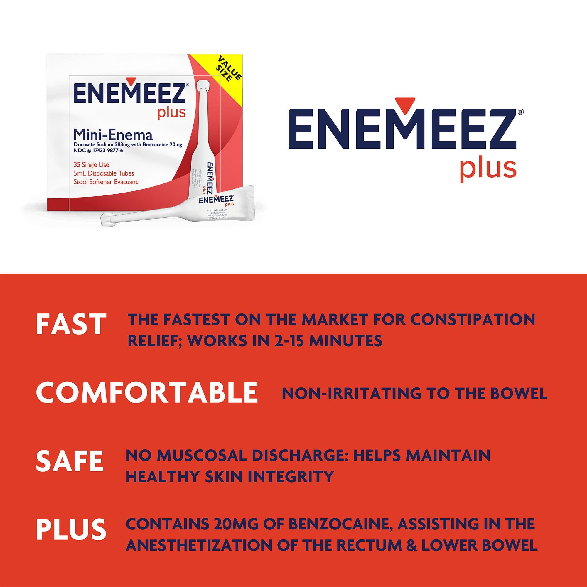 Enemeez Plus Enemeez Plus Mini Enema, 283mg Docusate Sodium and 20 mg Benzocaine Mini Enema, Constipation Relief, 35 Count