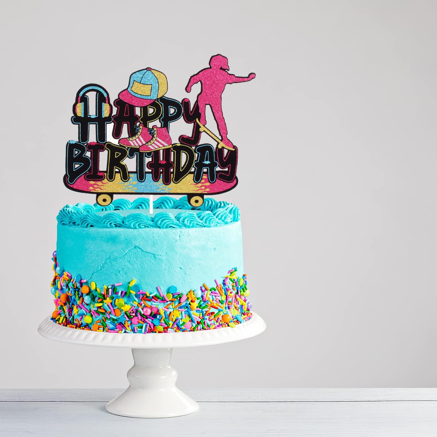 LHCING Girl's Skateboard Happy Birthday Cake Topper - 80's Retro Birthday Party Glitter Skateboard Cake Topper - Sport Skateboarding Birthday Party Cake Topper Decoration