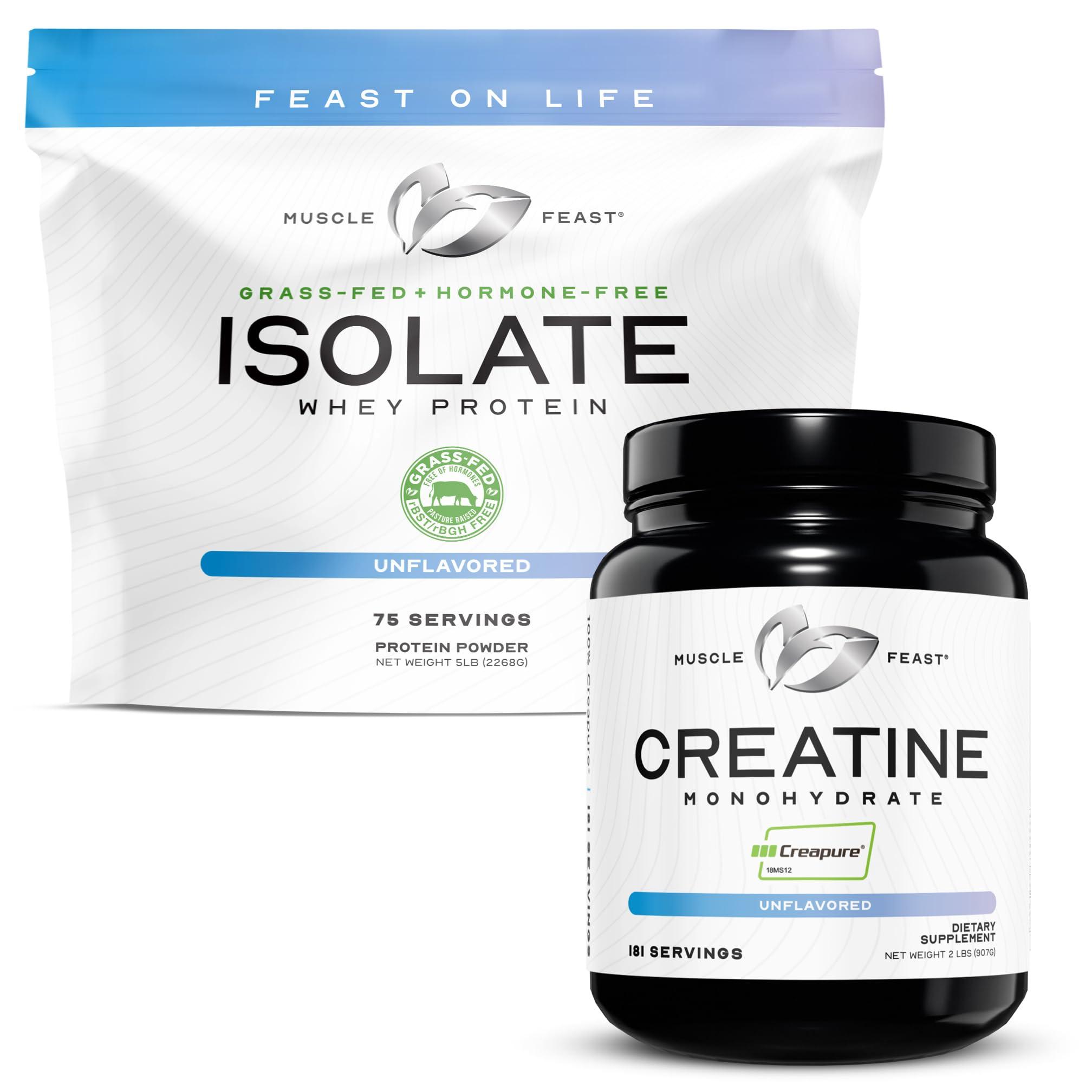 Muscle Feast Muscle Feast Creatine + Isolate Big Bundle Unflavored: 1 Creatine Powder (Unflavored, 2lb) + 1 Whey Protein Isolate (Unflavored, 5lb) | Premium Supplements, Vegetarian, Gluten Free
