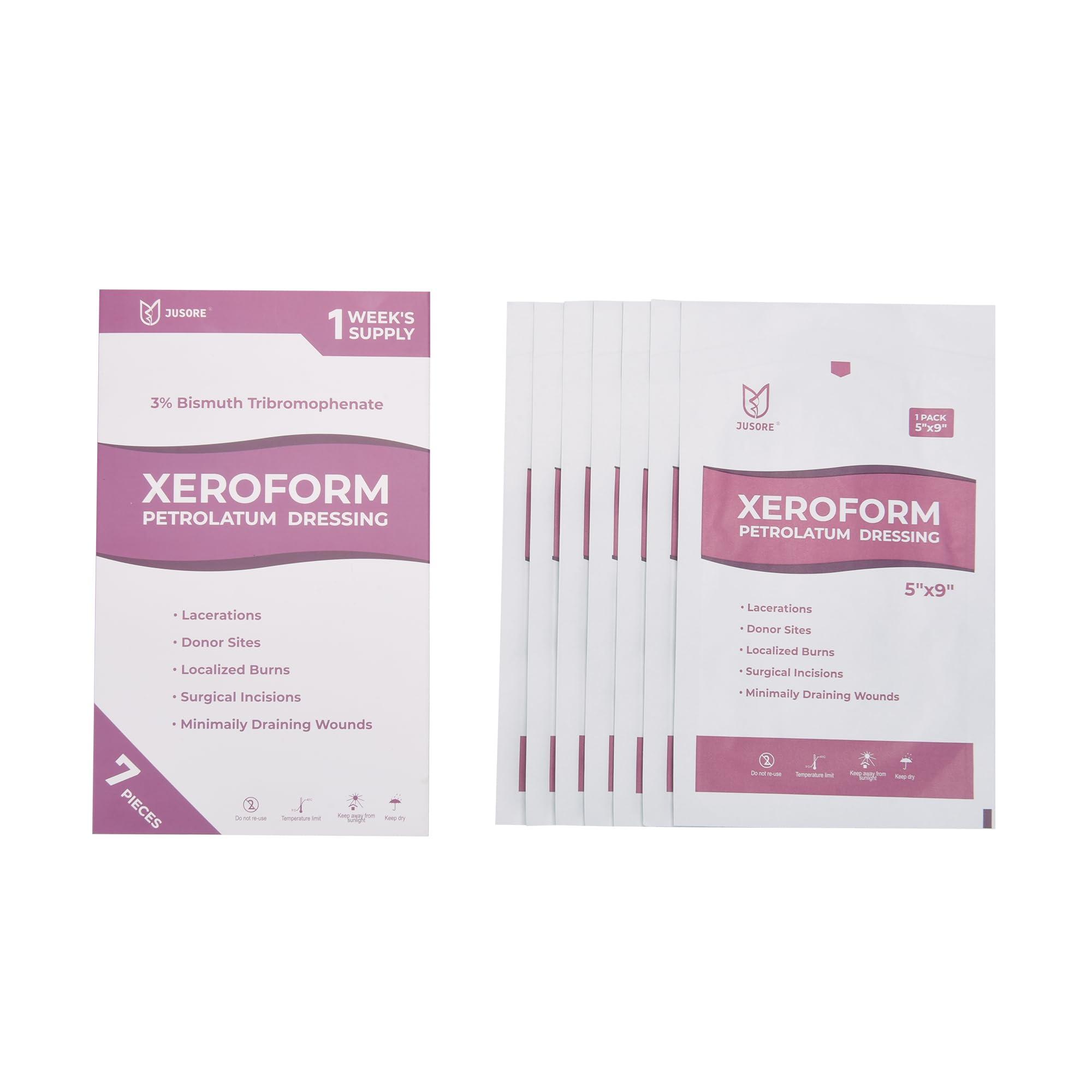 JUSORE JUSORE Xeroform Petrolatum Dressing - 5"x9", Medical Non Stick Gauze Pads, Xeroform Soft Mesh Gauze Patch for Wound Care, Burns, Lacerations, Skin Grafts & Surgical Incisions, 7 Individual Pack