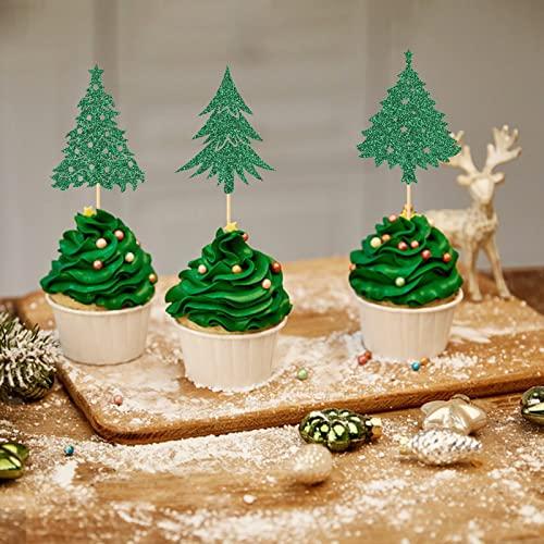 Hengmerry 36 Pieces Christmas Tree Cupcake Toppers Glitter Santa Tree Cake Topper Picks for Xmas Holiday New Year Birthday Party Decorations, 6 Designs