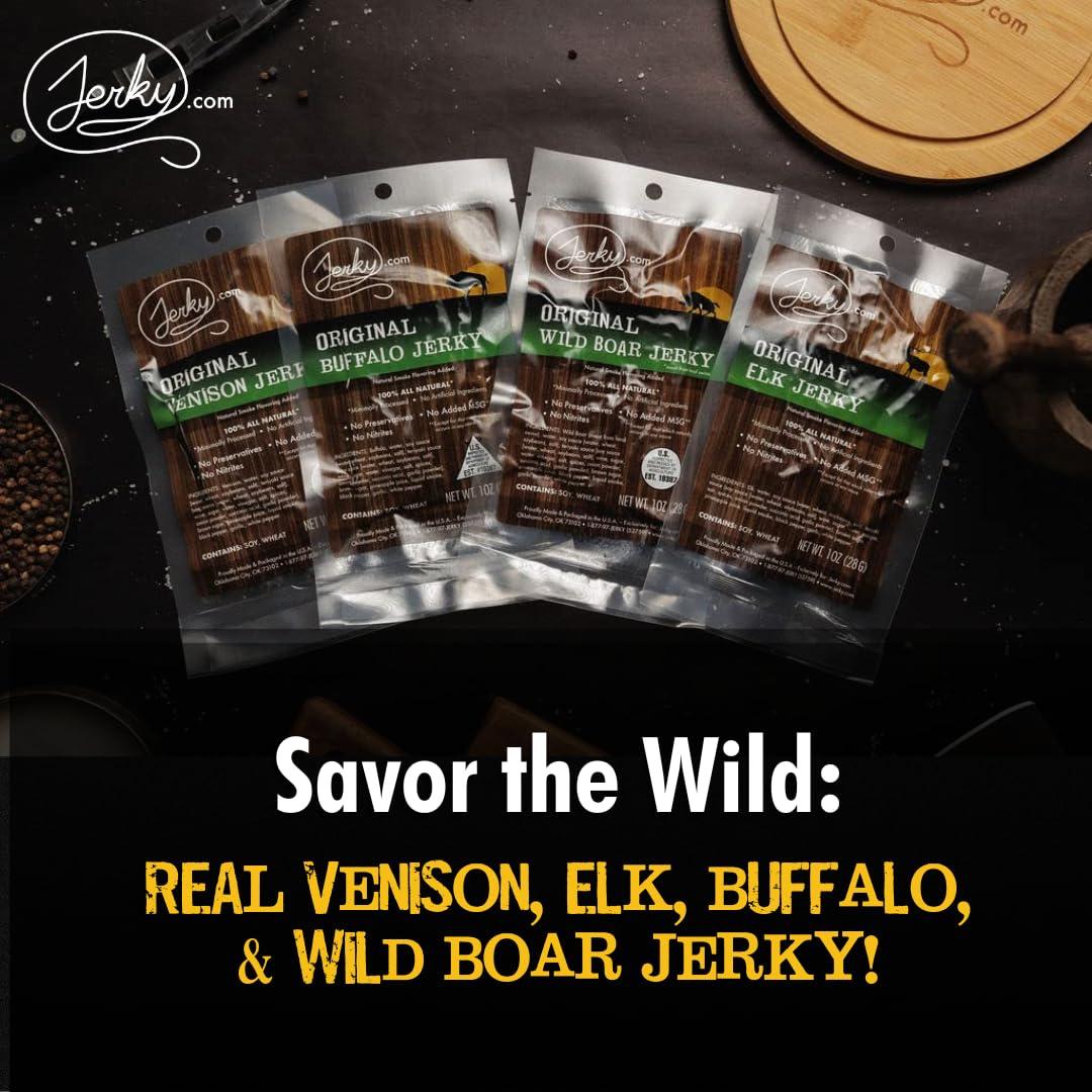 Jerky.com Exotic Jerky Gift Box for Men - 8 Piece Exotic Jerky & Meat Sticks Gift Set - Healthy Exotic Jerky Gift Box Includes Venison, Elk, Buffalo, and Wild Boar Jerky and Meat Sticks - Great Gifts For Men
