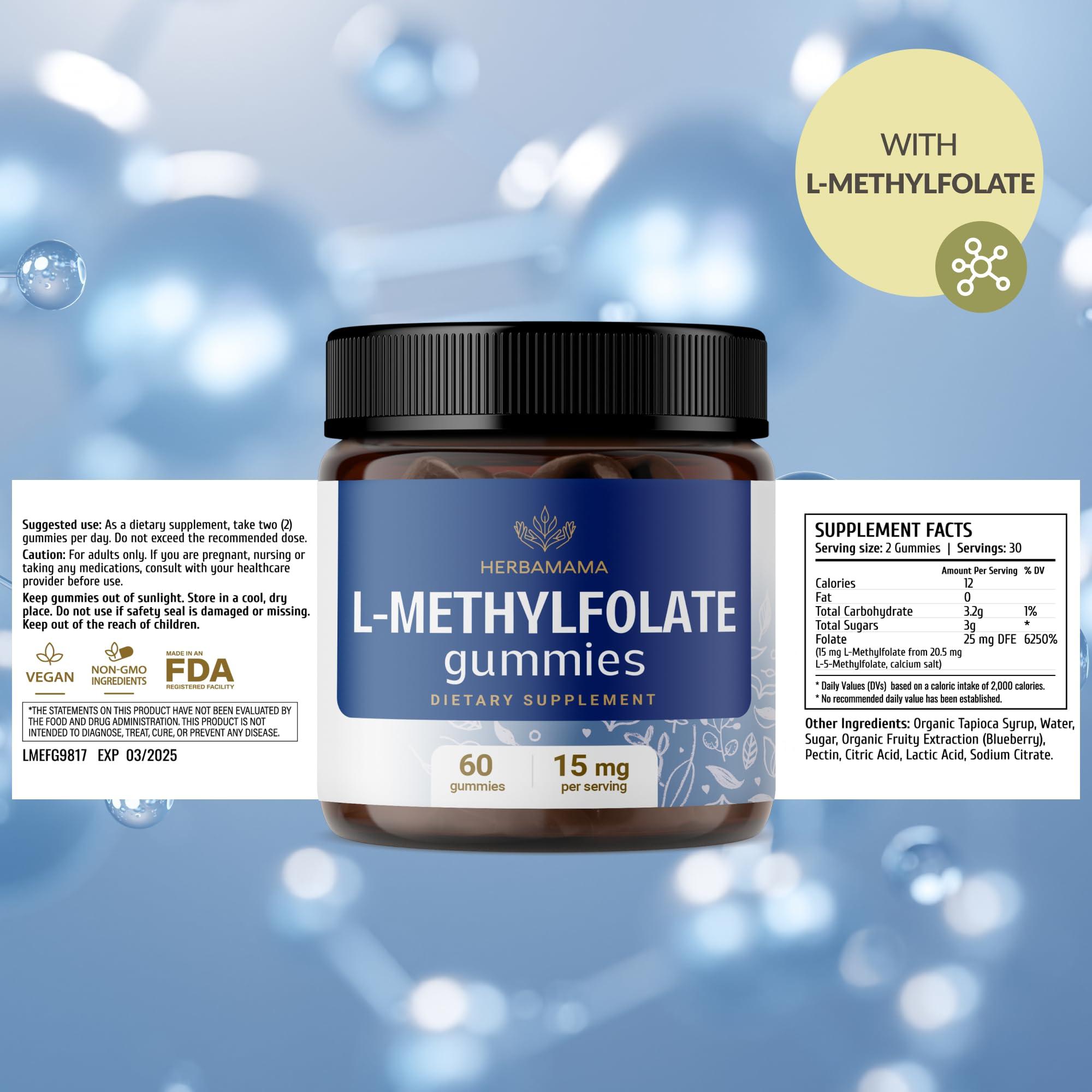 HERBAMAMA HERBAMAMA L-Methylfolate Gummies - 15mg 5-MTHF Calming Supplement for Adults - Vegan, Non-GMO Methylated Folate (Vitamin B9) for Brain Support - 60 Pectin-Based Blueberry-Flavored Chews