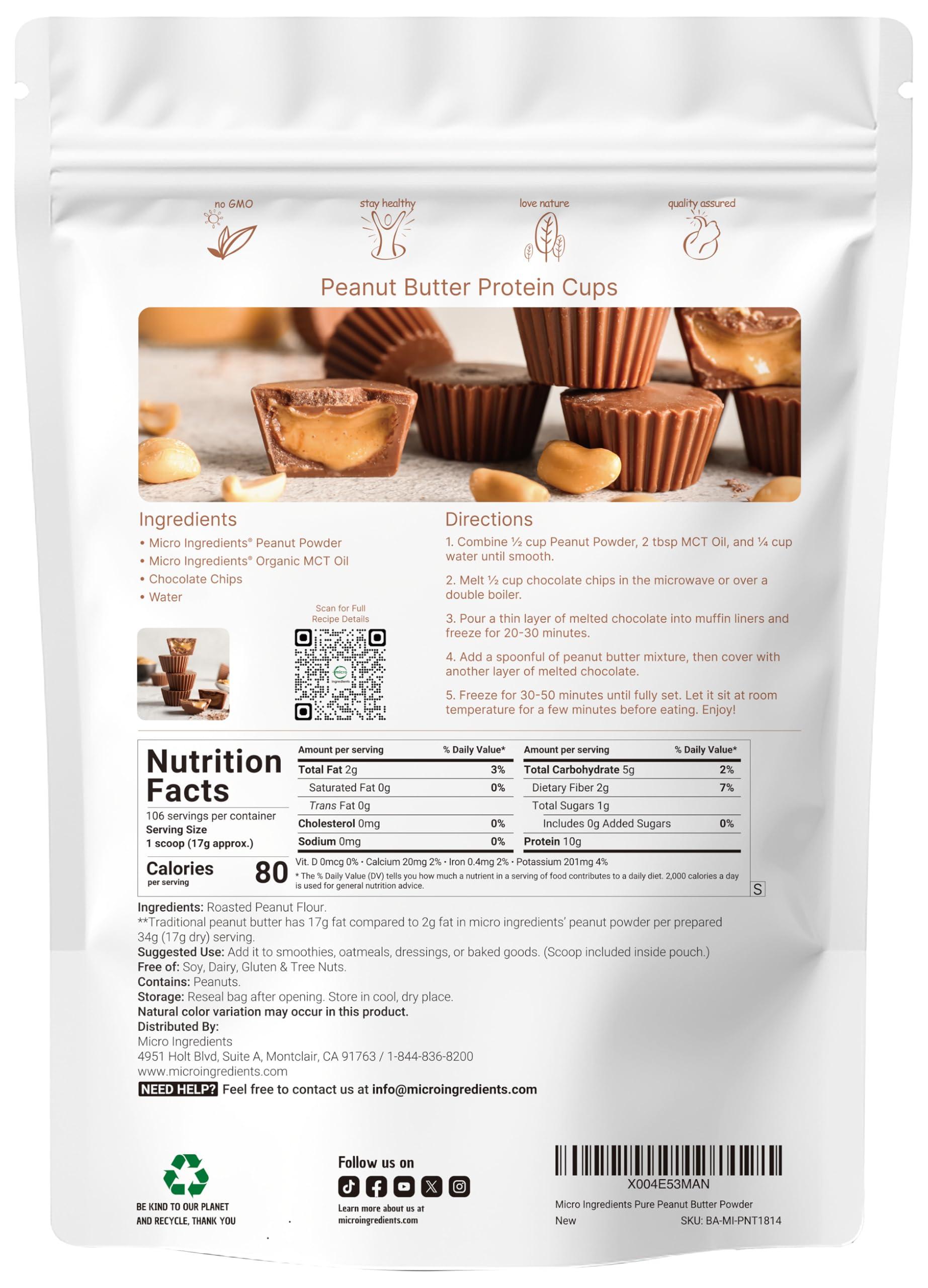 Micro Ingredients Micro Ingredients Peanut Butter Powder, 4lbs (106 Servings) | 10g Protein & 88% Less Fat | No Added Sugar or Salt from Natural Fresh Roasted Peanuts | Non-GMO