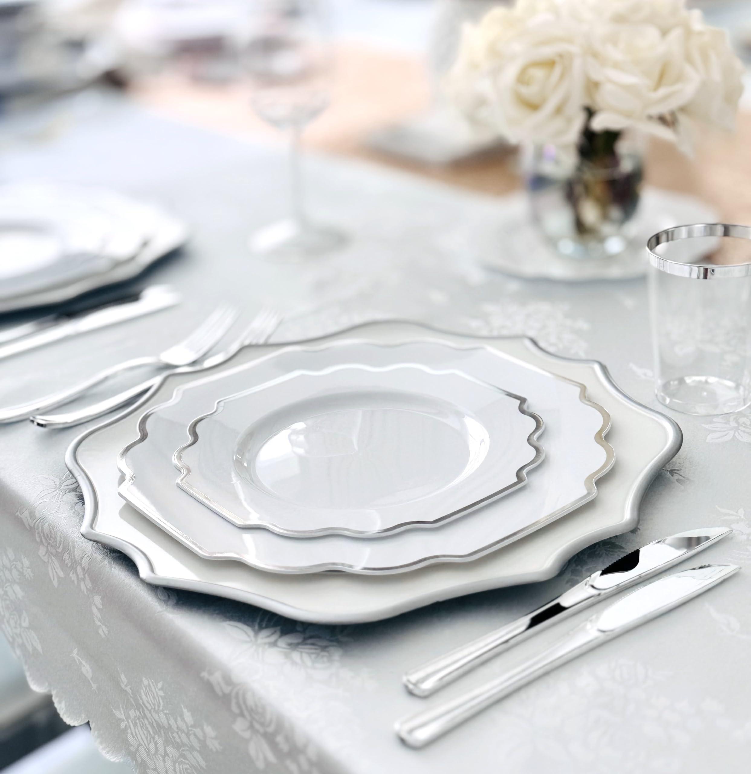 OCCASIONS FINEST PLASTIC TABLEWARE \" OCCASIONS \" 50 Plates Pack (25 Guests)-Heavyweight Wedding Party Disposable Plastic Plate Set -(25x10.5\'\' Dinner + 25x8\'\' Salad/Dessert) (Imperial in White & Silver Rim)