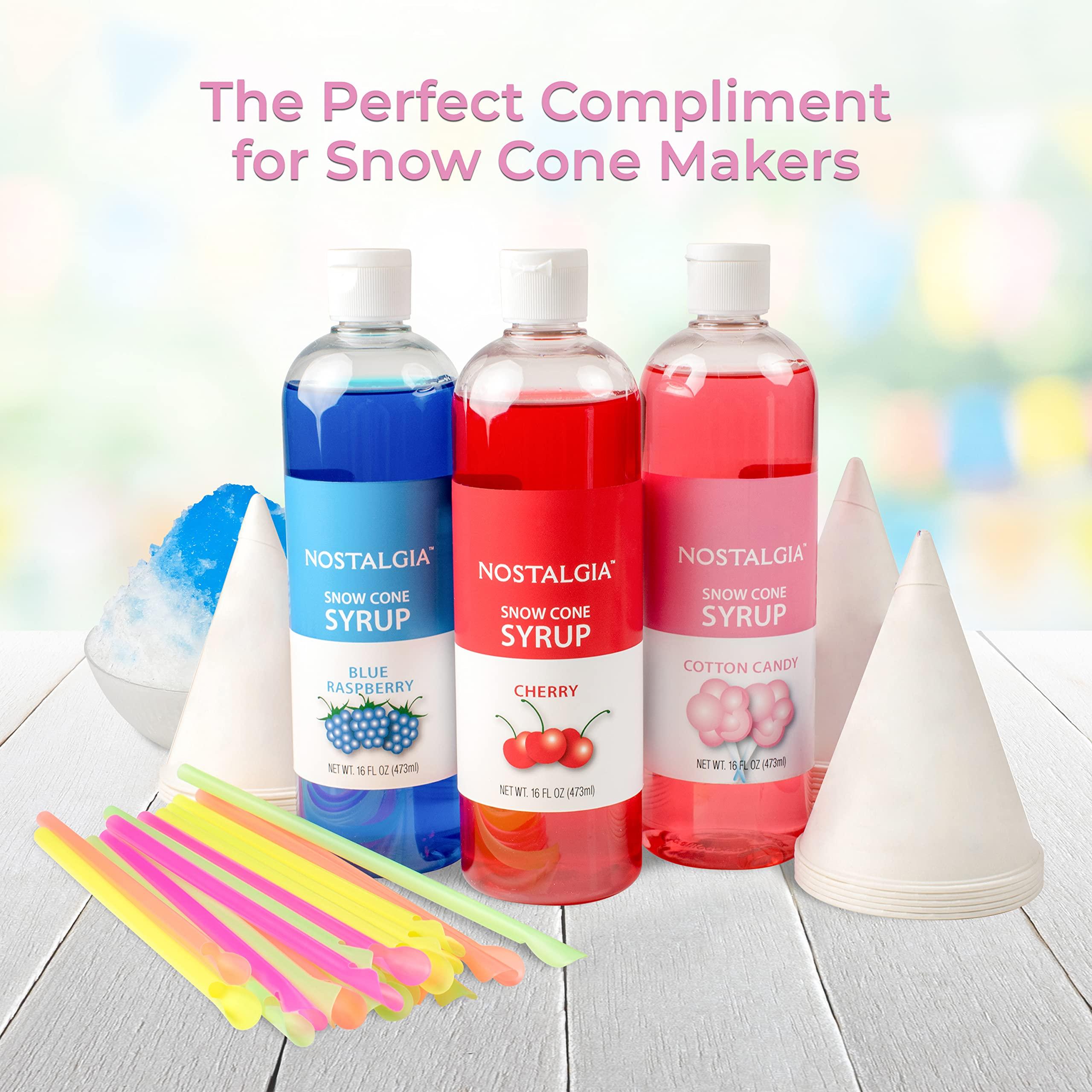 Nostalgia Nostalgia Premium Snow Cone Syrup Party Kit, 20 Snow Cones, 20 Spoons/Straws, Blue Raspberry, Cherry, Cotton Candy