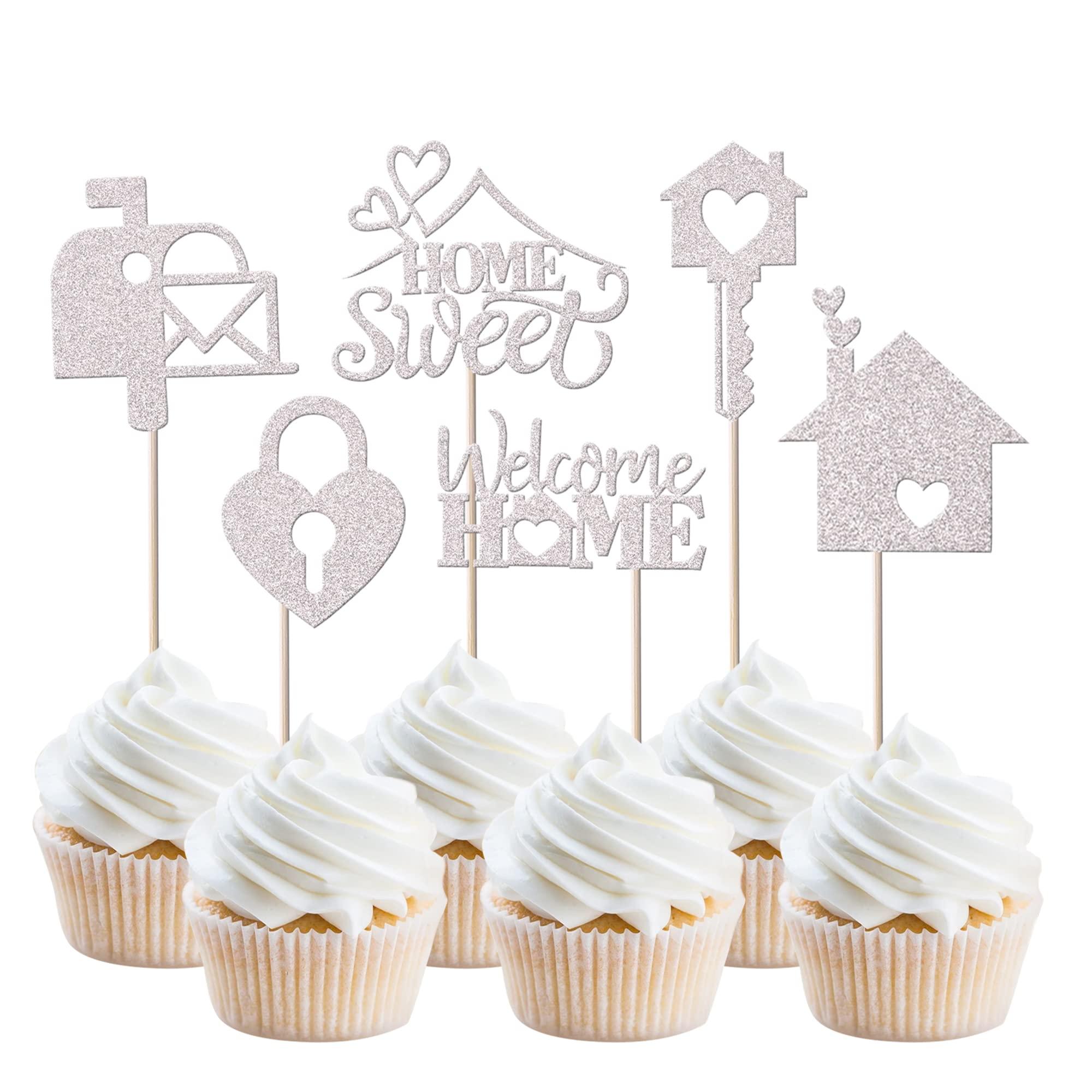 YCTHUNFISH 24 Pack Sweet Home Cupcake Toppers Glitter Key Lock Housewarming Cupcake Picks New Home Theme Party Welcome New House Party Cake Decorations Supplies Silver