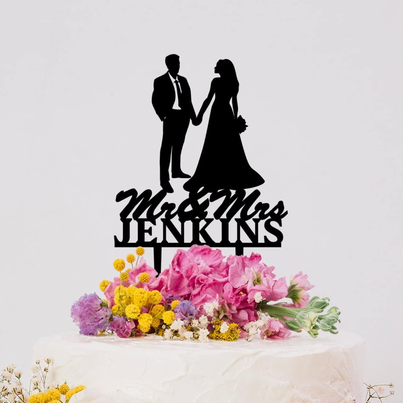 ArogGeld Mr And Mrs Wedding Cake Topper Bride And Groom Personalized Cake Toppers Bride And Groom Holding Hands Rustic Wedding Cake Topper Initials Wedding Cake Topper With Date Acrylic Black Cake Topper