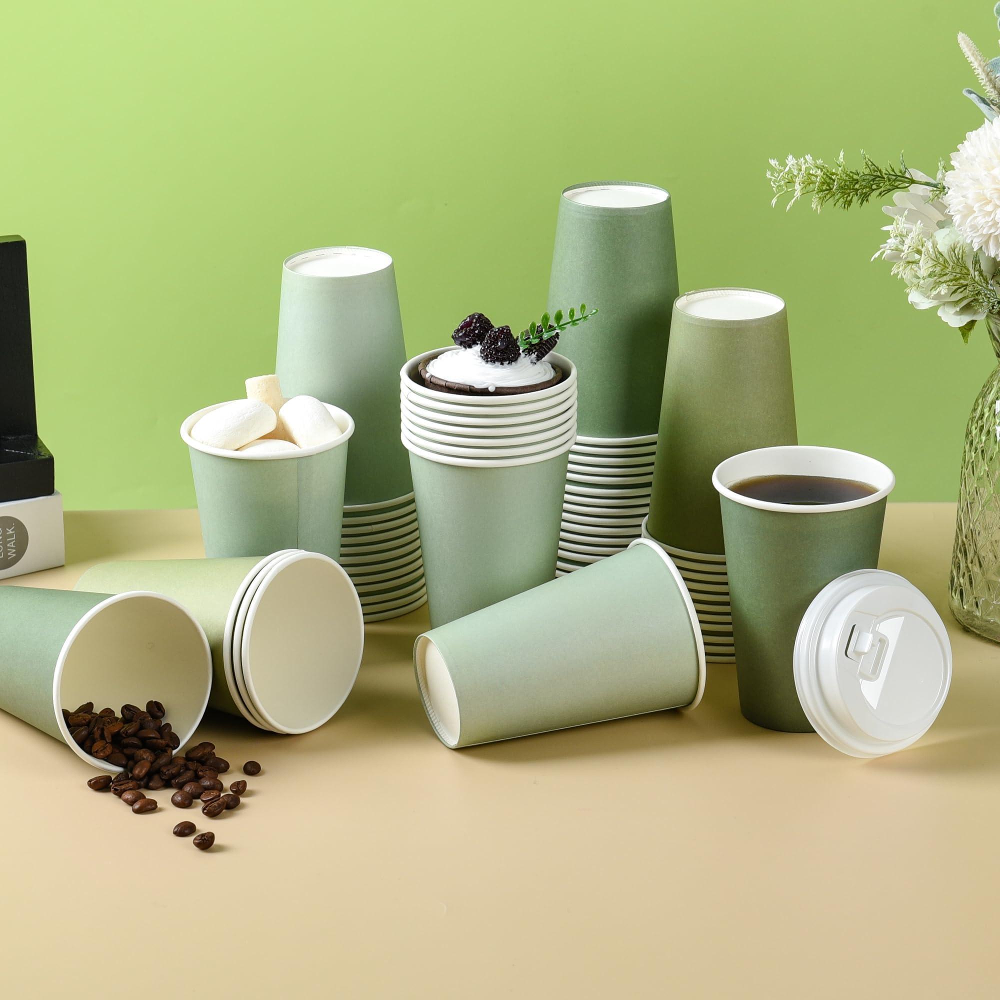 Purhapfre 80 Pcs 12 oz Sage Green Paper Cups Disposable Coffee Cups with Lids Green Gradient Paper Cup Baby Shower Cups Green Solo Cups for Hot and Cold Beverage Water Juice Coffee Tea Party Wedding Supplies