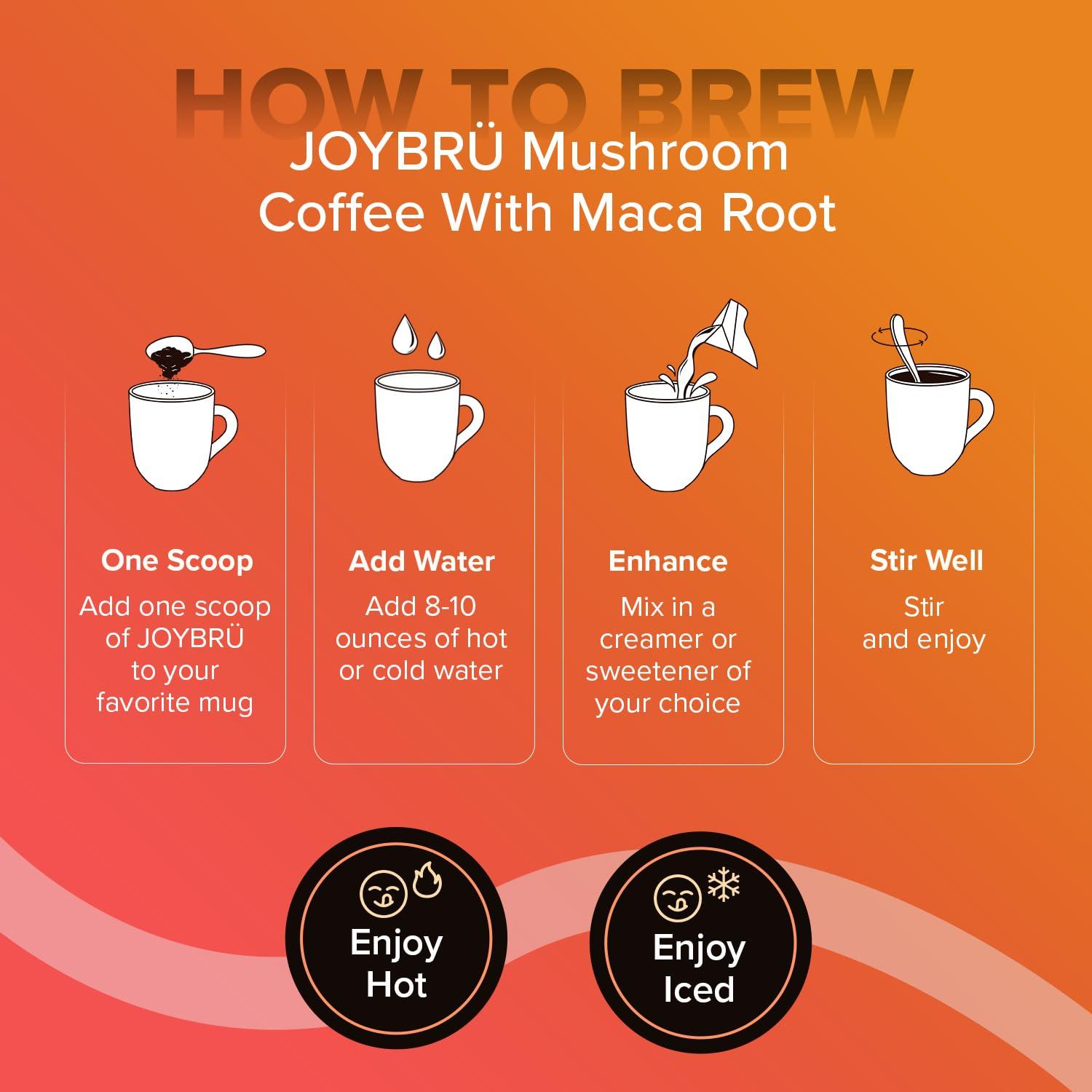 Joybru Mushroom Coffee with Maca Root (35 Servings) - Ultra Concentrated 8:1 Mushroom Blend (Lions Mane, Chaga, Reishi, Cordyceps & Shiitake) with Gourmet Instant Coffee Arabica - Immune Boosting Coffee