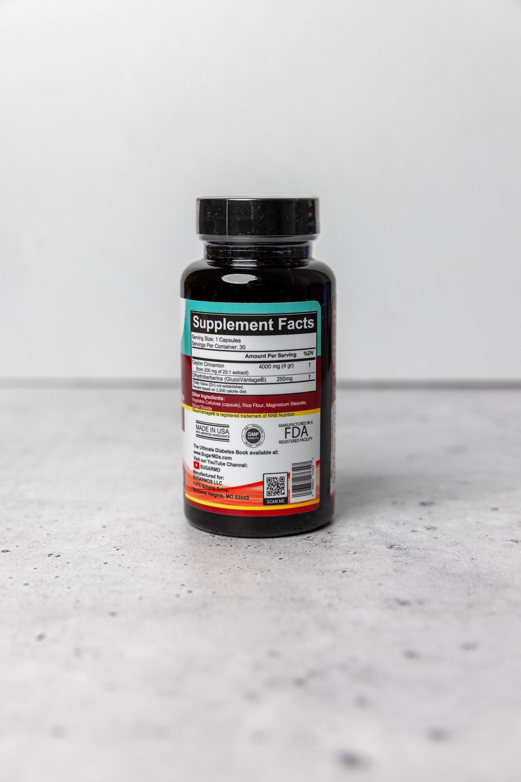 SugarMD SugarMD Super Berberine Supplement 250mg GlucoVantage Dihydroberberine with 4000mg Ceylon Cinnamon - 5X More Absorbable Than Regular Berberine 30 Capsules (30 Day Supply)