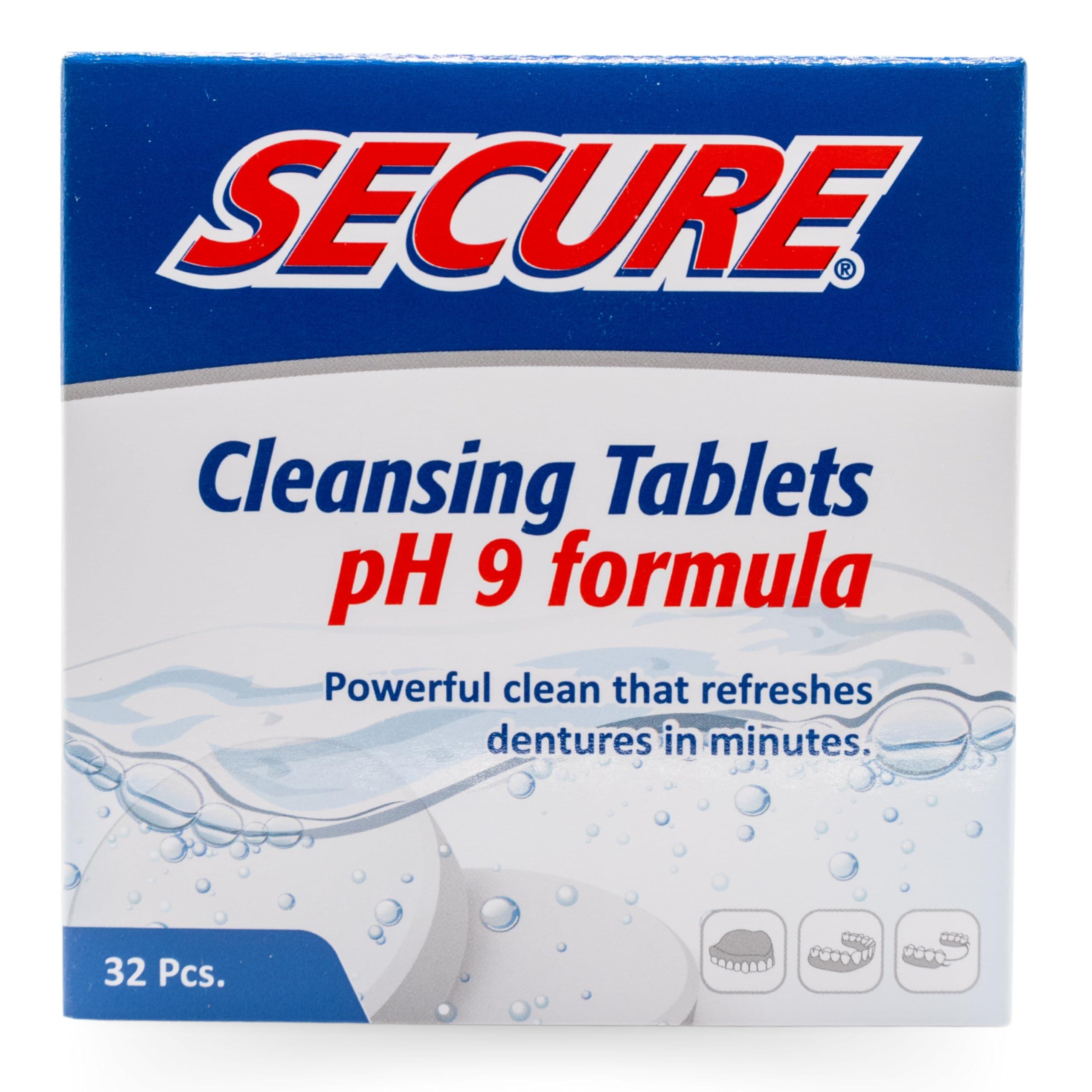 Secure Secure Anti-Plaque Cleansing Tablets PH Formula Removes Odors, Stains, Bacteria, Germs - Deeply Clean Dentures, Partials, Nightguards, Retainers in 5 Minutes - Zinc Free - 32 Tablets (1 Pack)
