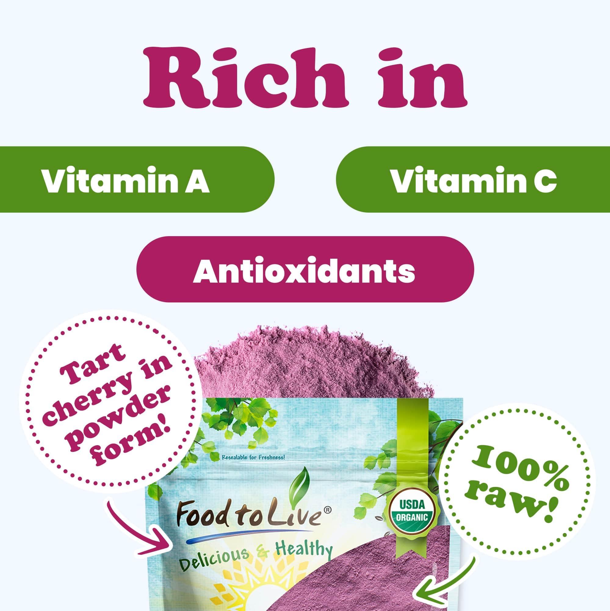 Food to Live Food to Live Organic Tart Cherry Powder, 4 Pounds Non-GMO, Raw, Kosher, Vegan Superfood, Bulk, Rich in Antioxidants, Great for Juices, Drinks, and Smoothies, Contains Maltodextrin