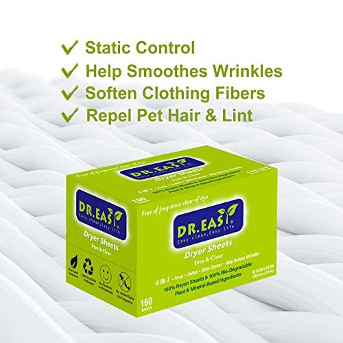 DR. EASY Dr.Easy Dryer Sheets Free & Clear Plant Based all ingredients for Sensitive Skin 320 Ct 100% Rayon Fabric Softener sheet unscented & no dyes Reduce Static & Wrinkles Soften Clothes Help Repel Pet Hair