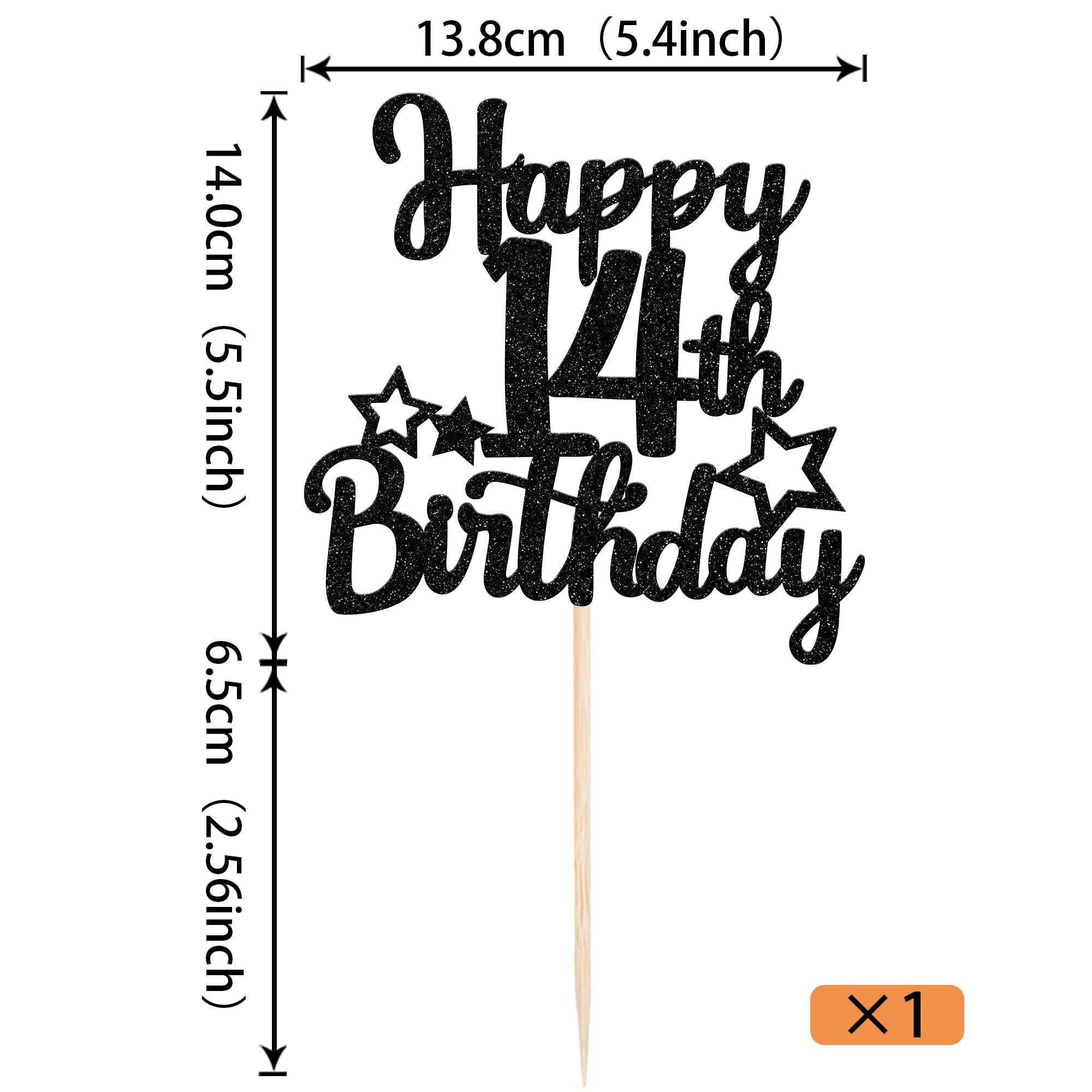 YCTHUNFISH 1 Pack Happy 14th Birthday Cake Topper Glitter Star 14 Fabulous Cake Pick Sweet 14th Cake Decorations for Children 14th Birthday Theme Party Supplies Black