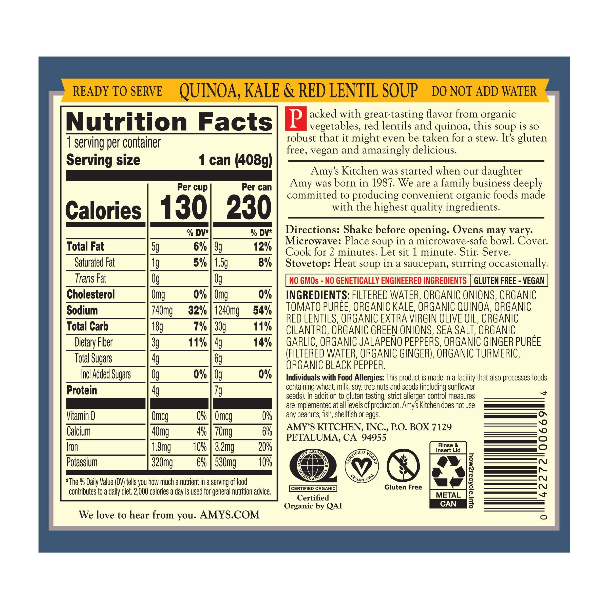 Amy's Amy\'s Soup, Vegan Quinoa, Kale and Red Lentil Soup, Gluten Free, Made With Organic Vegetables and Lentils, Canned Soup, 14.4 Oz