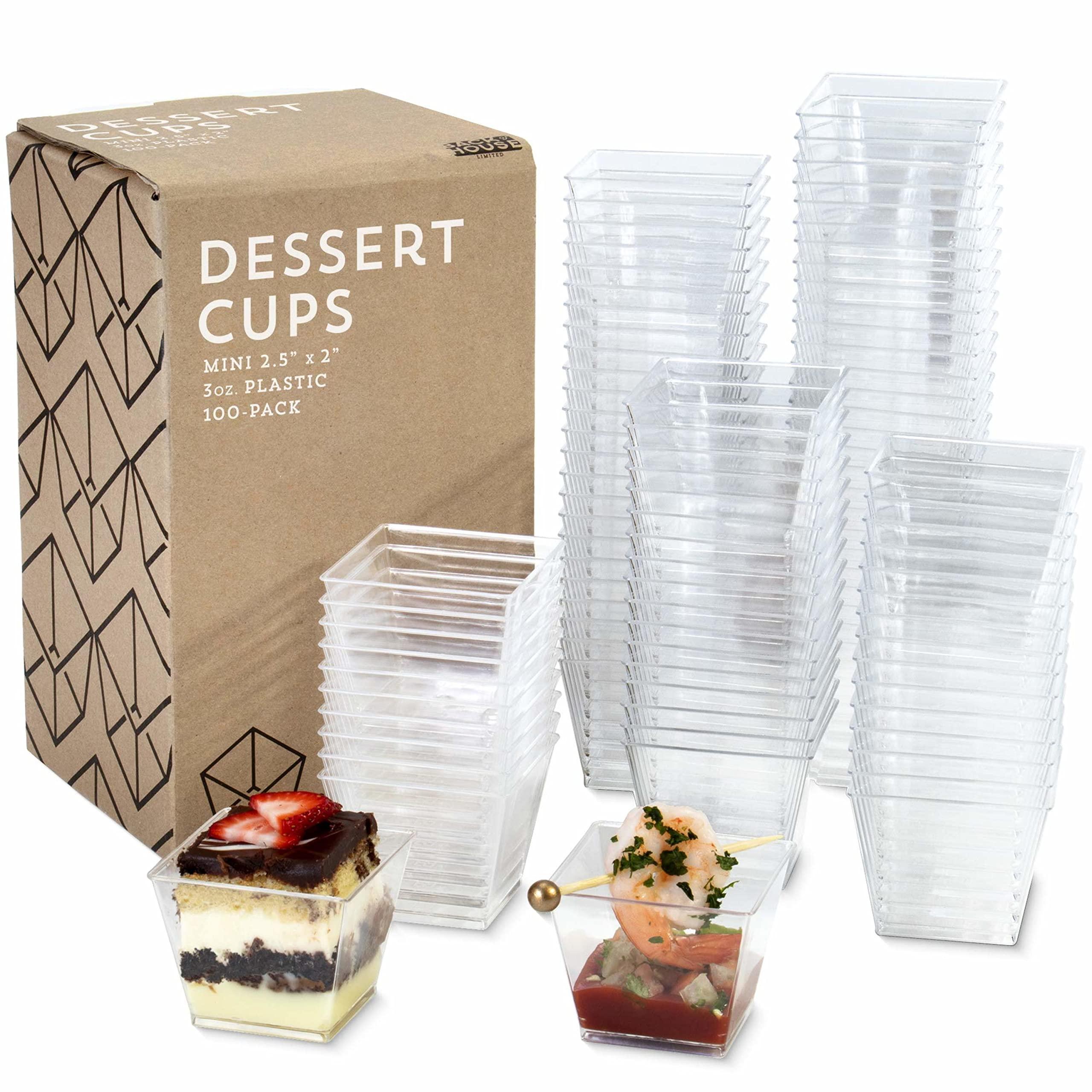 Back of House Ltd. 3oz. Mini Dessert Cups, 100-pack - Clear Plastic Square Cups - Small Disposable Shooters for Tasting Parfait, Fruit, Cake, Ice Cream, Sauces, Jelly Shots & Appetizers, Parties, Catering & Restaurants