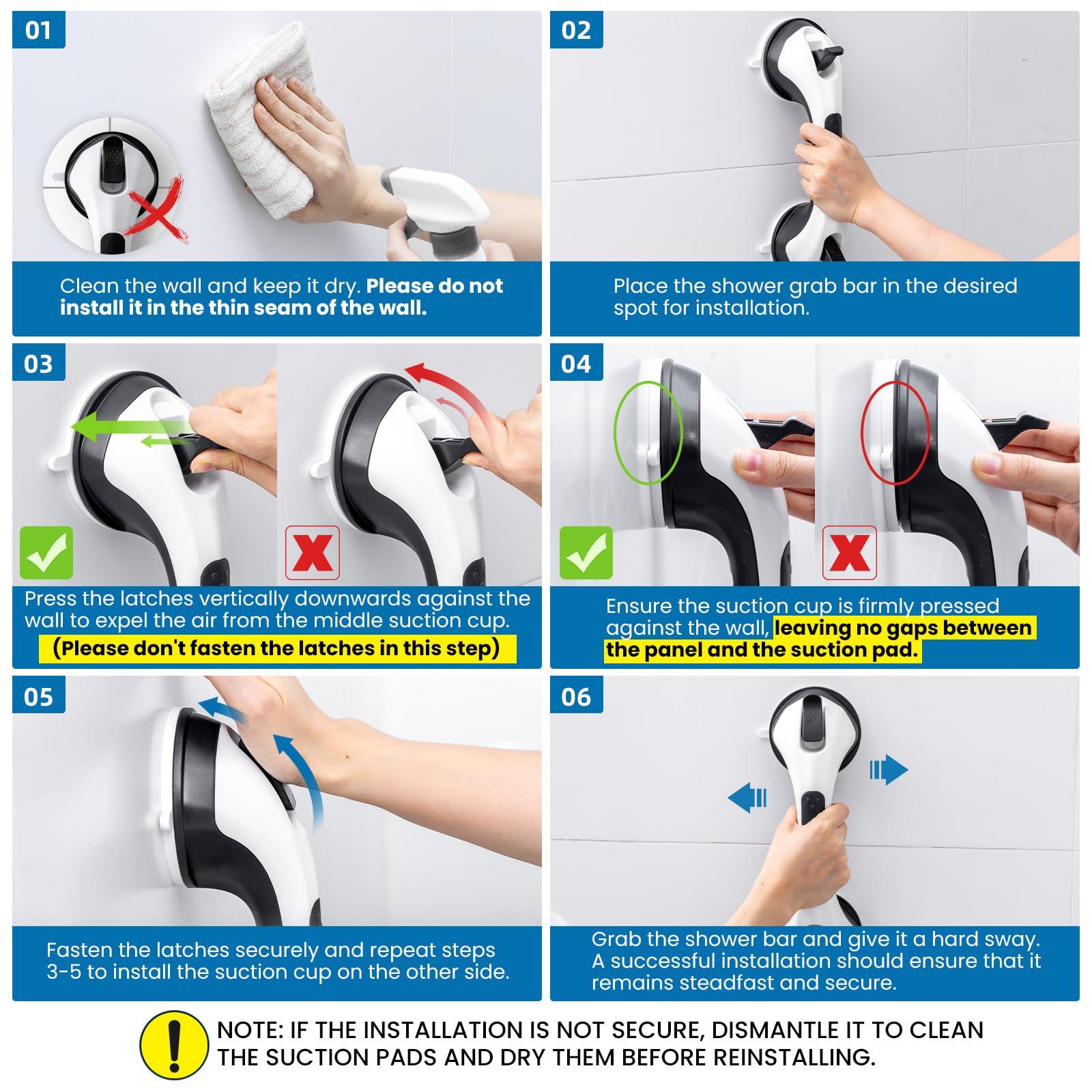 LEVERLOC LEVERLOC Grab Bars for Bathtubs and Showers 2 Pack Suction Grab Bar, Heavy Duty 12 Inch Shower Handle Removable Handrails for Seniors and Elderly, Bathroom Safety Grip No Drilling Waterproof Black