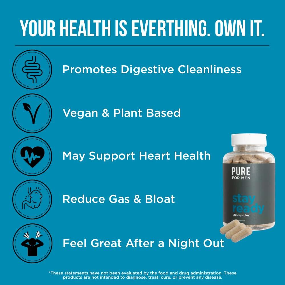 Pure for Men Pure for Men Original Vegan Cleanliness Fiber Supplement, 120 Capsules, Eco-Responsible Stay Ready Wipes with Micellar and Aloe (48 Count)