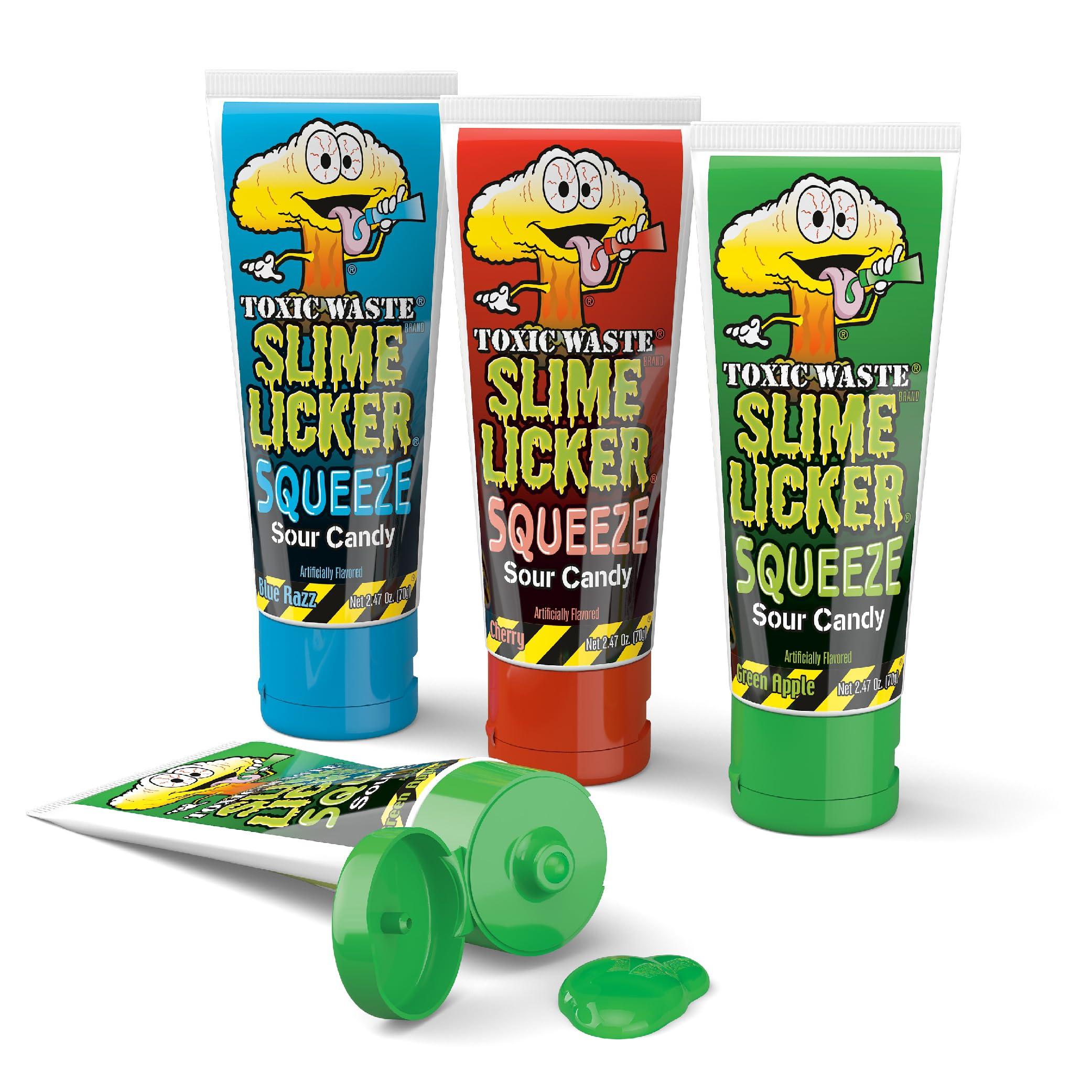 TOXIC WASTE Toxic Waste - Slime Licker Squeeze - Sour Squeeze Slime Candy - Green Apple, Blue Razz, & Cherry Flavors - 2.47 oz. Tubes - 3-Pack