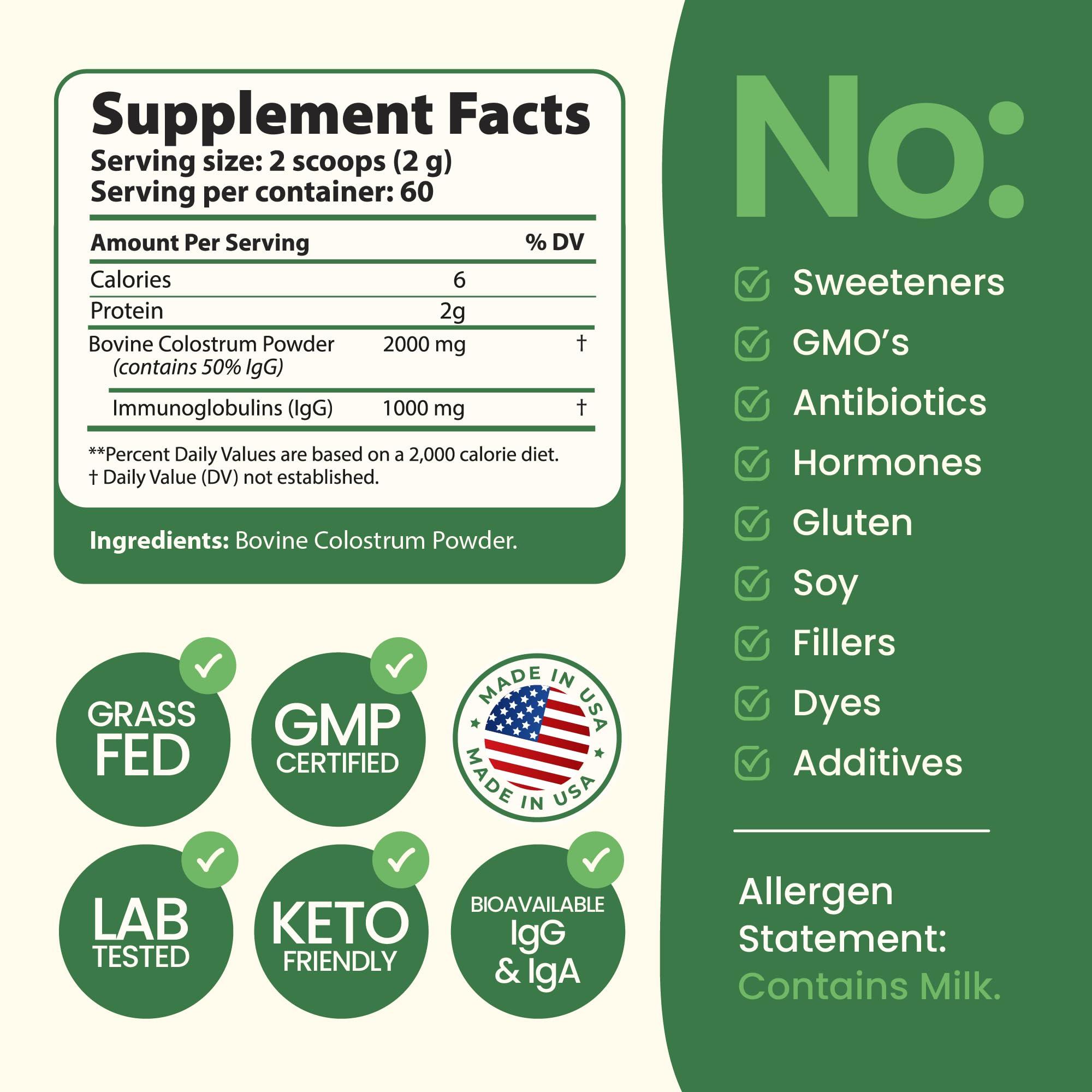 ImmergeHealth.com Super MOO Grass Fed Bovine Colostrum Powder for Bloating, Immune, Energy, Gut Health Hair, Skin and Nails Colostrum Supplement | 50% IgG Cow Colostrum for Humans | Superfood for Women, Men and Kids