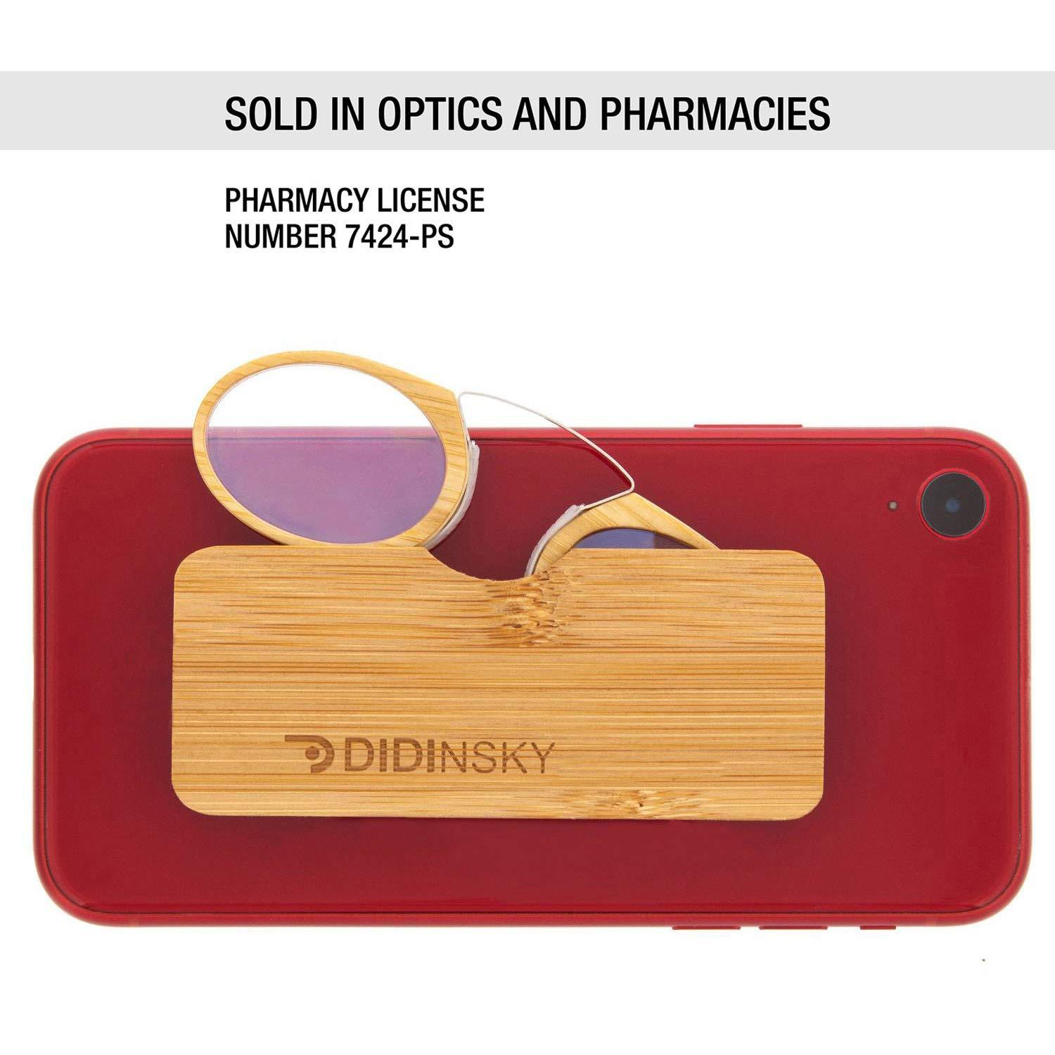 DIDINSKY READING GLASSES DIDINSKY Reading Blue Light Blocking Armless Glasses. Real BAMBOO Frame and Case. Ultra-light, Thin and Strong Pocket Glasses. Power +2.0  ORSAY BAMBU