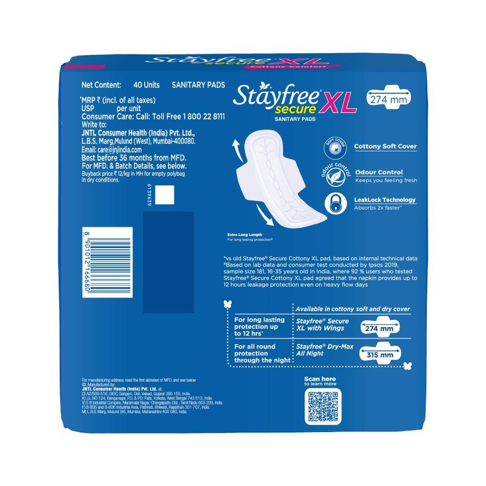 Stayfree Stayfree Secure Extra Large Cottony Soft Cover Sanitary Pads for Women with Wings, 40 Pads
