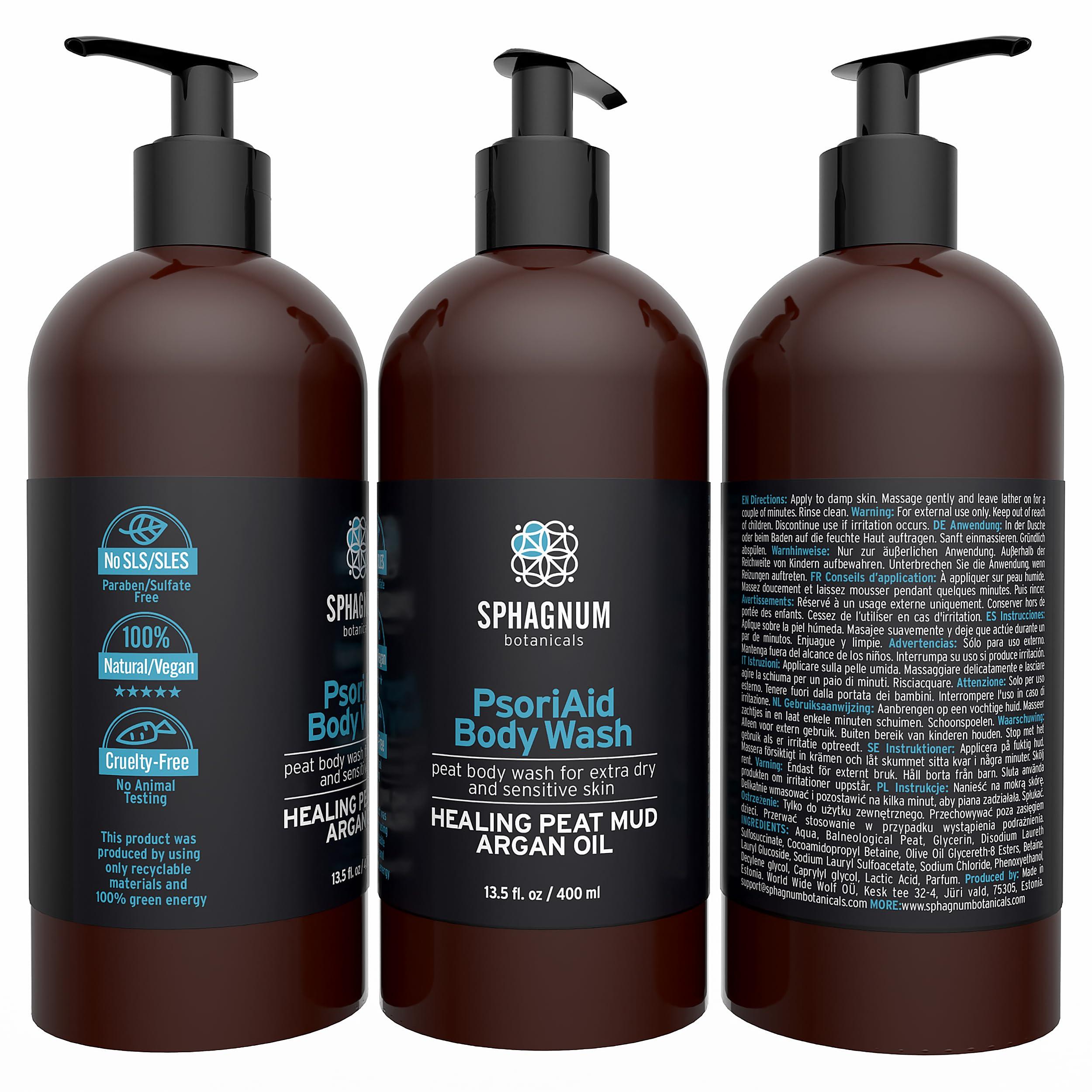 Sphagnum Botanicals Psoriasis Body Wash 100% Natural pH Balancing Acids and Olive Oil Shower Cream. Sulfate Free, Deep Moisturizing Treatment for Very Dry & Itchy Skin. Good for Relieving Eczema. 13.5 fl. Oz