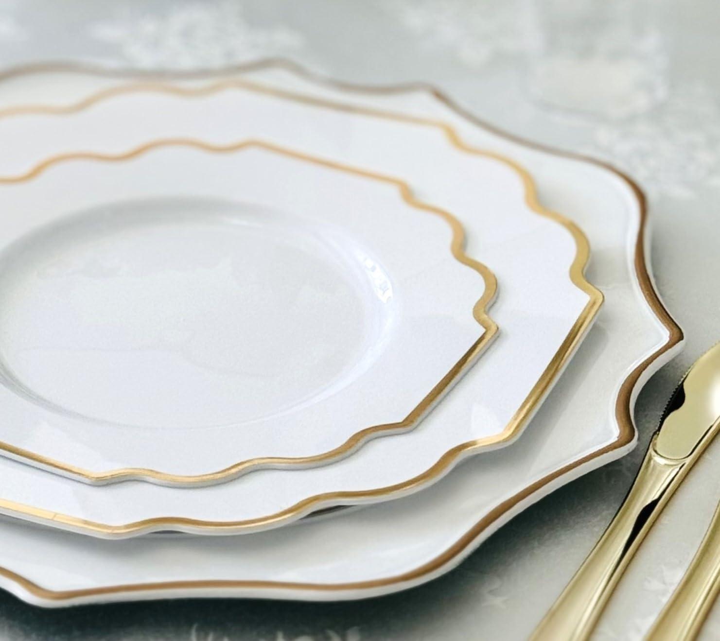 OCCASIONS FINEST PLASTIC TABLEWARE " OCCASIONS " 120 Plates Pack, Heavyweight Disposable Wedding Party Plastic Plates (8'' Appetizer/Dessert PlateImperial in White & Gold)