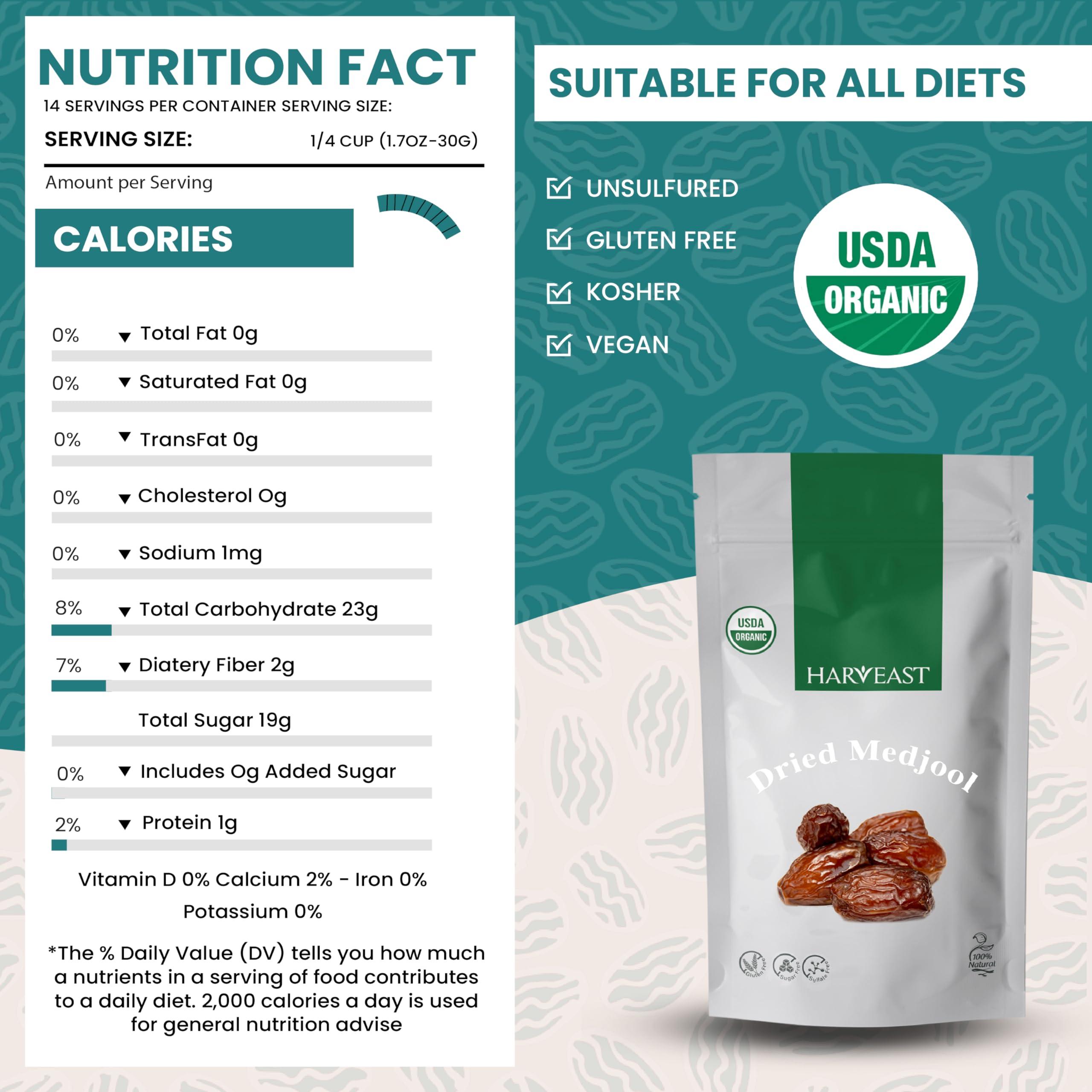 HARVEAST Harveast Organic Medjool Dates California Grown Jumbo Dates, Naturally Sweet, Healthy Snacking, Caramel Flavor, Pesticide, Free No Sugar Added Resealable Bag for Freshness, Baking (1 pounds)