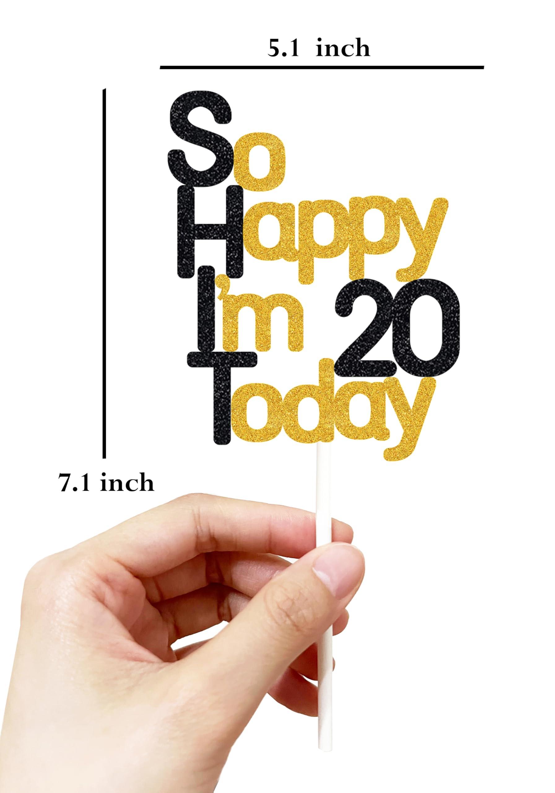 veegood So Happy I\'m 20 Today!20 Birthday Cake Toppers-Black Glitter, Funny 20th Cake Topper for Men,Twenty Cake Topper For Women, 20th birthday decorations