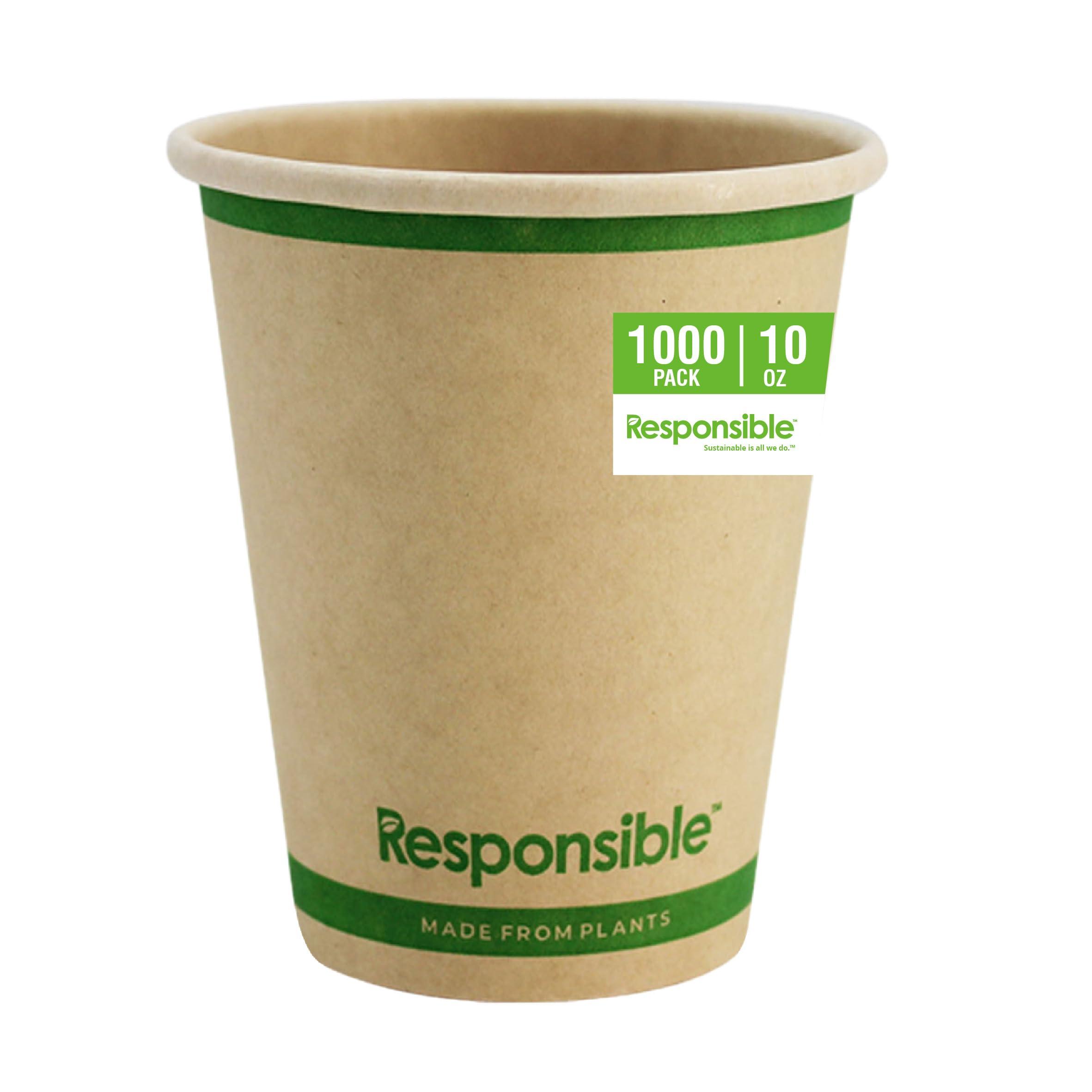 Responsible Products Responsible Products 10 oz Paper Hot Cups, Tree-Less Compostable Paper Coffee Cups, Extra Strength, Tree-Free and Made Without PFAS, Natural Brown (1000 Count)