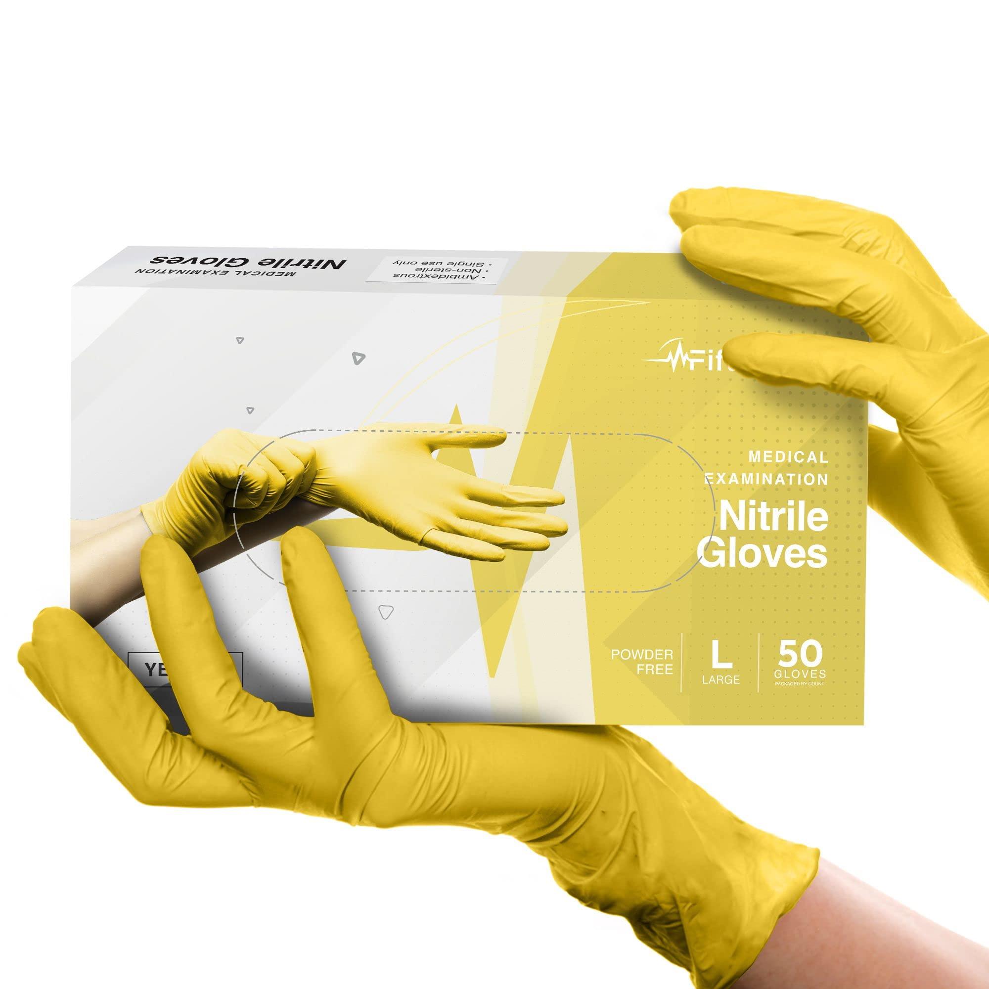 FifthPulse FifthPulse Yellow Nitrile Disposable Gloves - 50 Count - 3 Mil Nitrile Gloves Large - Powder and Latex Free Rubber Gloves - Surgical Medical Exam Gloves - Food Safe Cooking Gloves