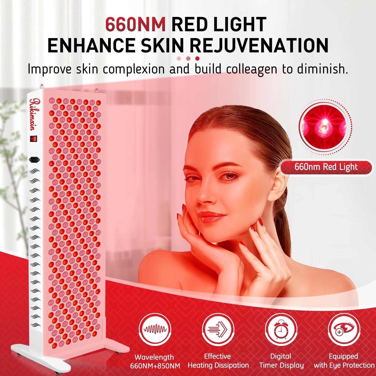 Rikimxin 300 LEDs Red Light Therapy Devices, Red 660nm and 850nm Near Infrared Light Therapy with Base Wheels, High Power Red Light Panel for Body Face Pain Relief, Recovery, Improve Sleep, Skin Health