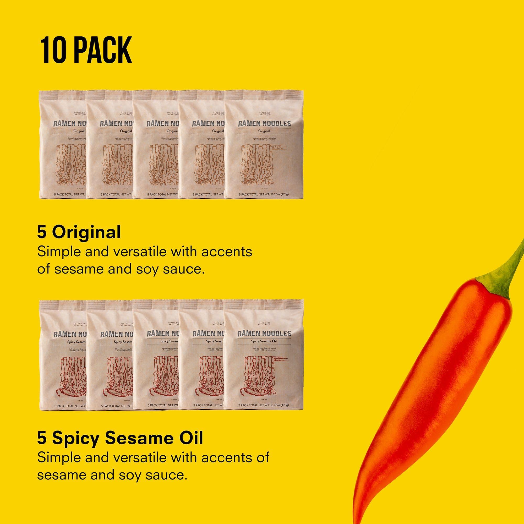 Public Goods Public Goods Ramen Noodles | Brothless Vegan & Vegetarian Instant Ramen | Healthy, High Protein Asian Noodle | Preservative Free | No Added MSG | Original & Spicy Sesame Oil (10 Pack)