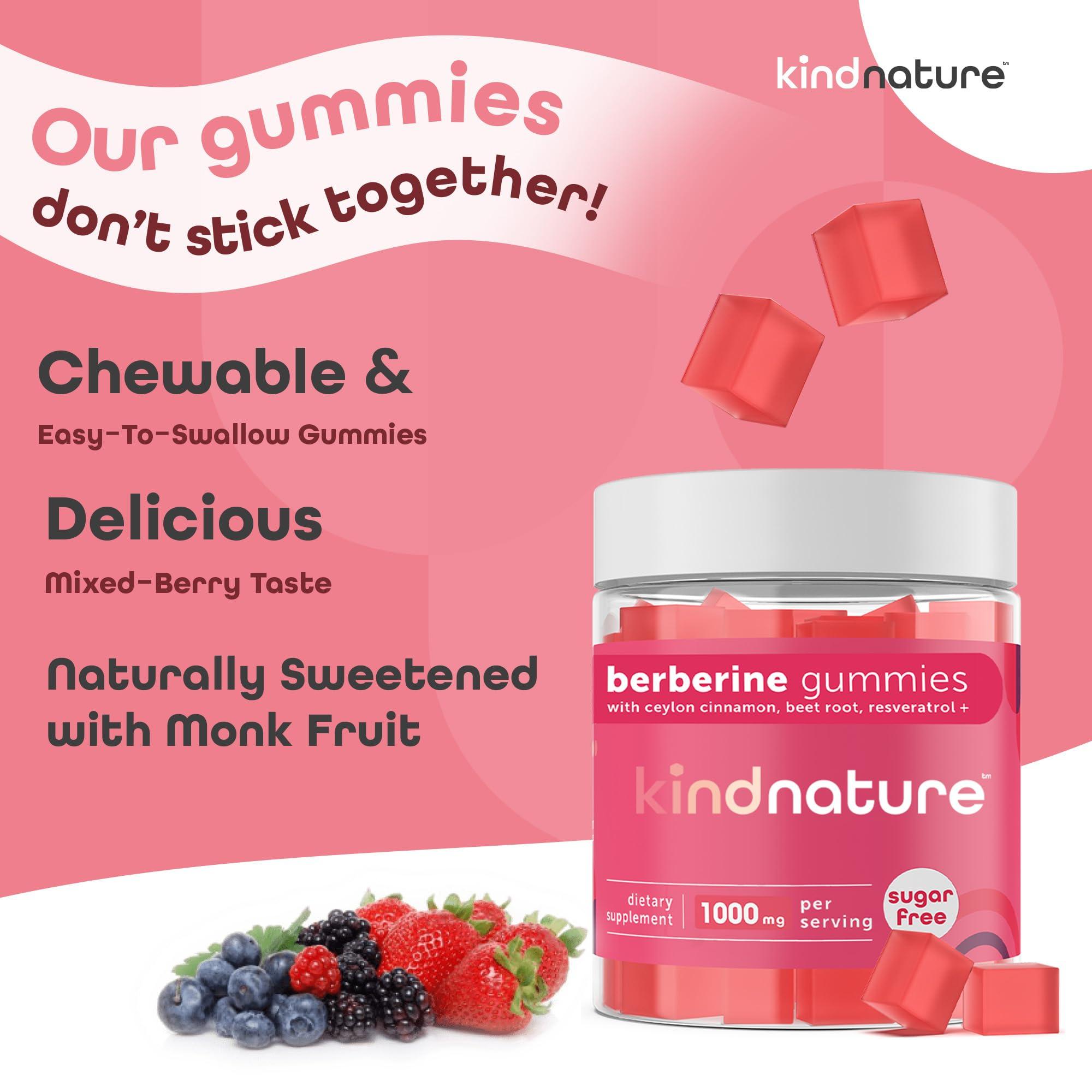kindnature Kind Nature 1000mg Berberine Gummies - Sugar Free Natural Berberine Supplement Gummies with Ceylon Cinnamon & Beet Root - Non GMO, 3rd Party Tested Berberine Complex