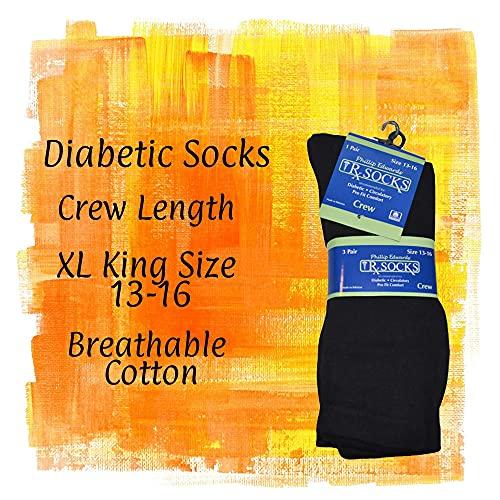 Phillip Edwards Black Diabetic Socks for Men XL Socks Mens 13-16 Non Binding Crew Socks - 6 Pairs Large Cotton Socks for Diabetes Men's Diabetic Dress Socks Extra Large