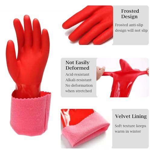 KAQ KAQ 3 Pairs PVC Rubber Gloves with Cotton Lined, Anti-Slip Dishwashing Gloves, Heavy Duty Kitchen Gloves for Washing Dishes, Household Gloves for Working, Painting, Pet Care, Handling Chemicals