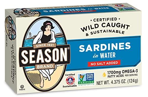 SEASON Season Sardines in Water No Salt Added, Wild Caught, 22g of Protein, Keto Snacks, More Omega 3\'s Than Tuna, Kosher, High in Calcium, Canned Sardines 4.37 Oz Tins, 24-Pack