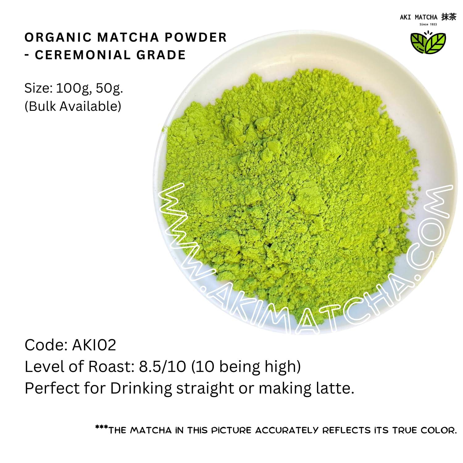AKI MATCHA AKI MATCHA - Japanese Organic Matcha Powder | Ceremonial Grade Matcha | Single Origin - Shizuoka JP | Cultivar - Saemidori | First Harvest Hand picked matcha Stone milled | 1933 - Size 100g (50serv)